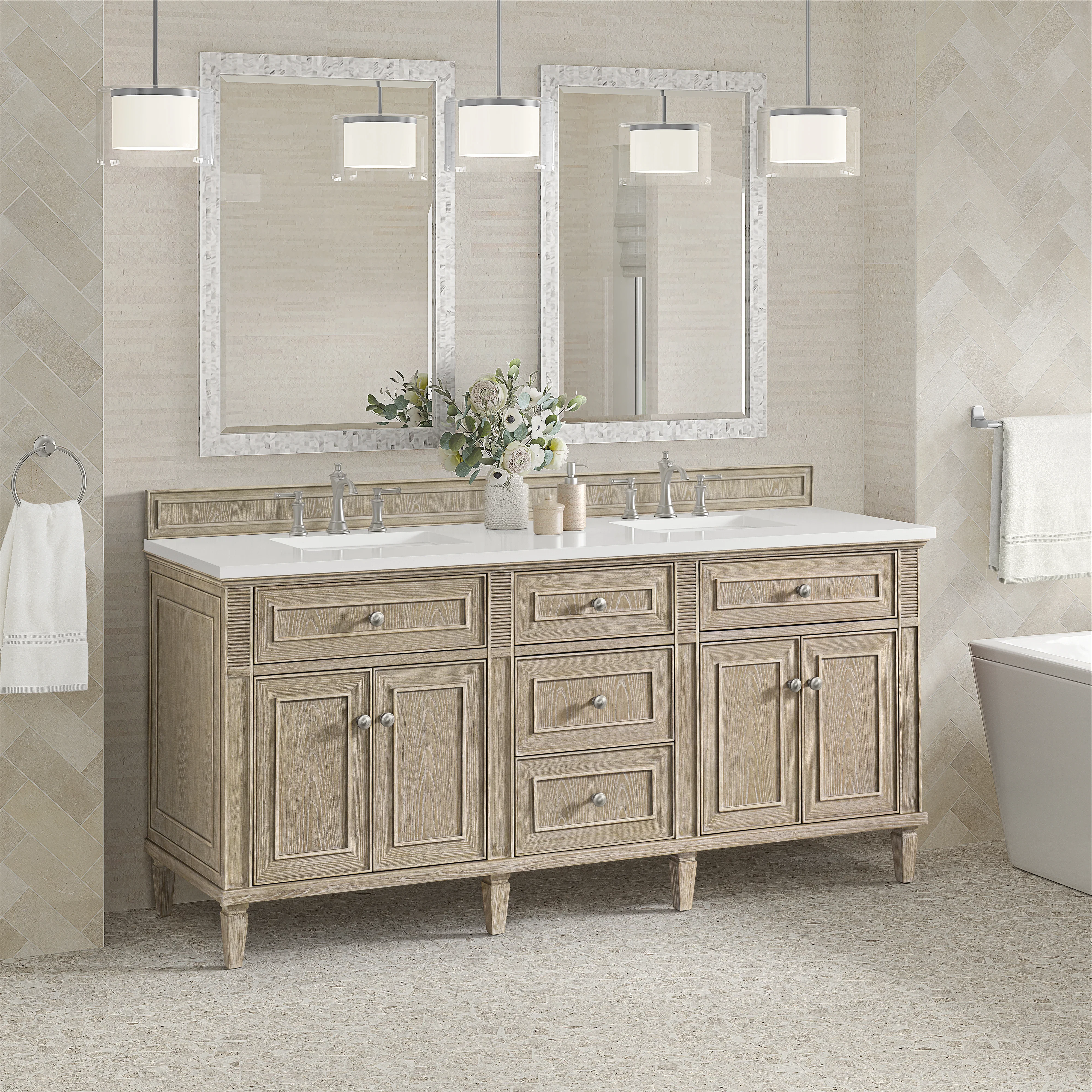 Lorelai 72" Double Vanity, Whitewashed Oak w/ 3 CM White Zeus Silestone Top