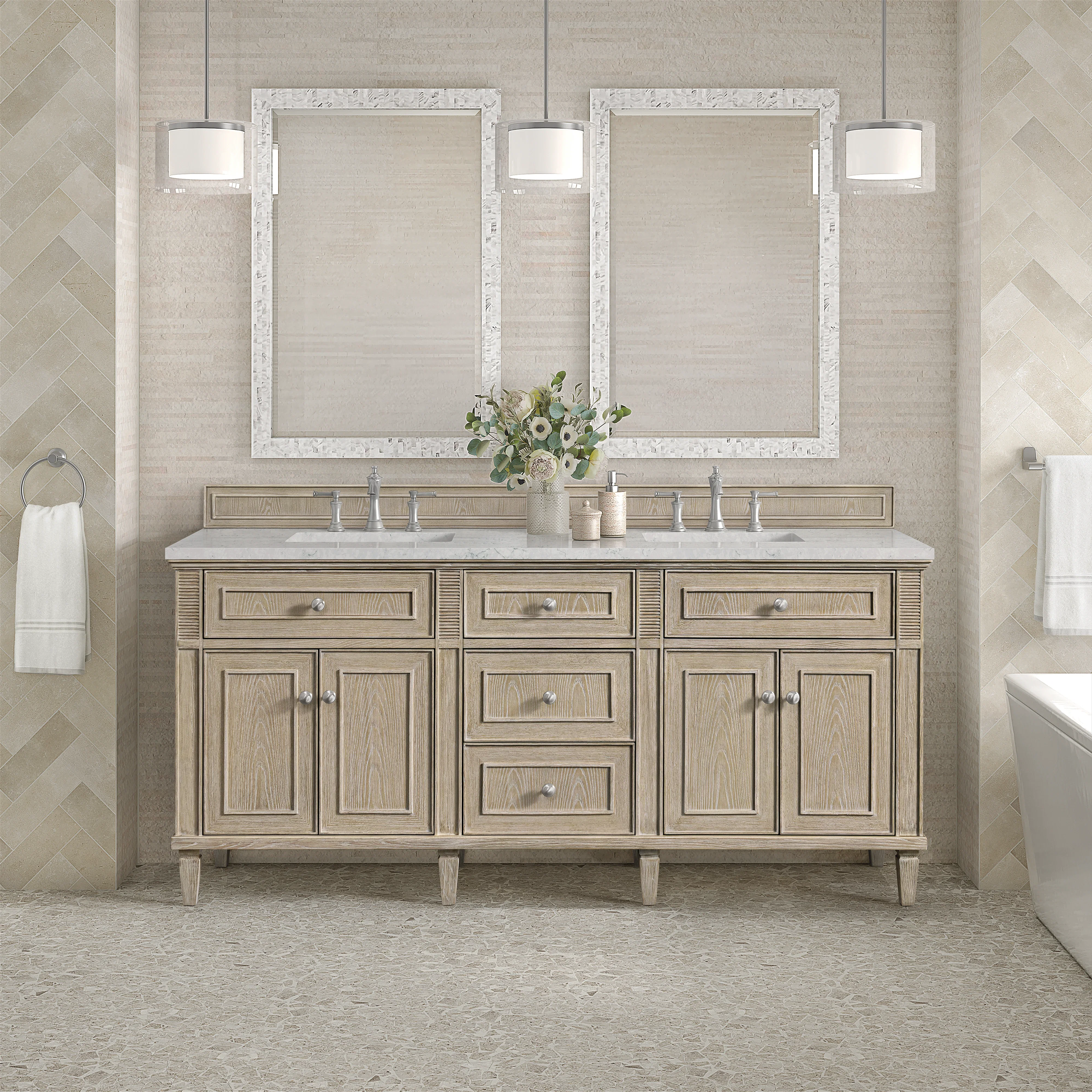 Lorelai 72" Double Vanity, Whitewashed Oak w/ 3 CM Eternal Jasmine Pearl Silestone Top w/FreePower Wireless Charger