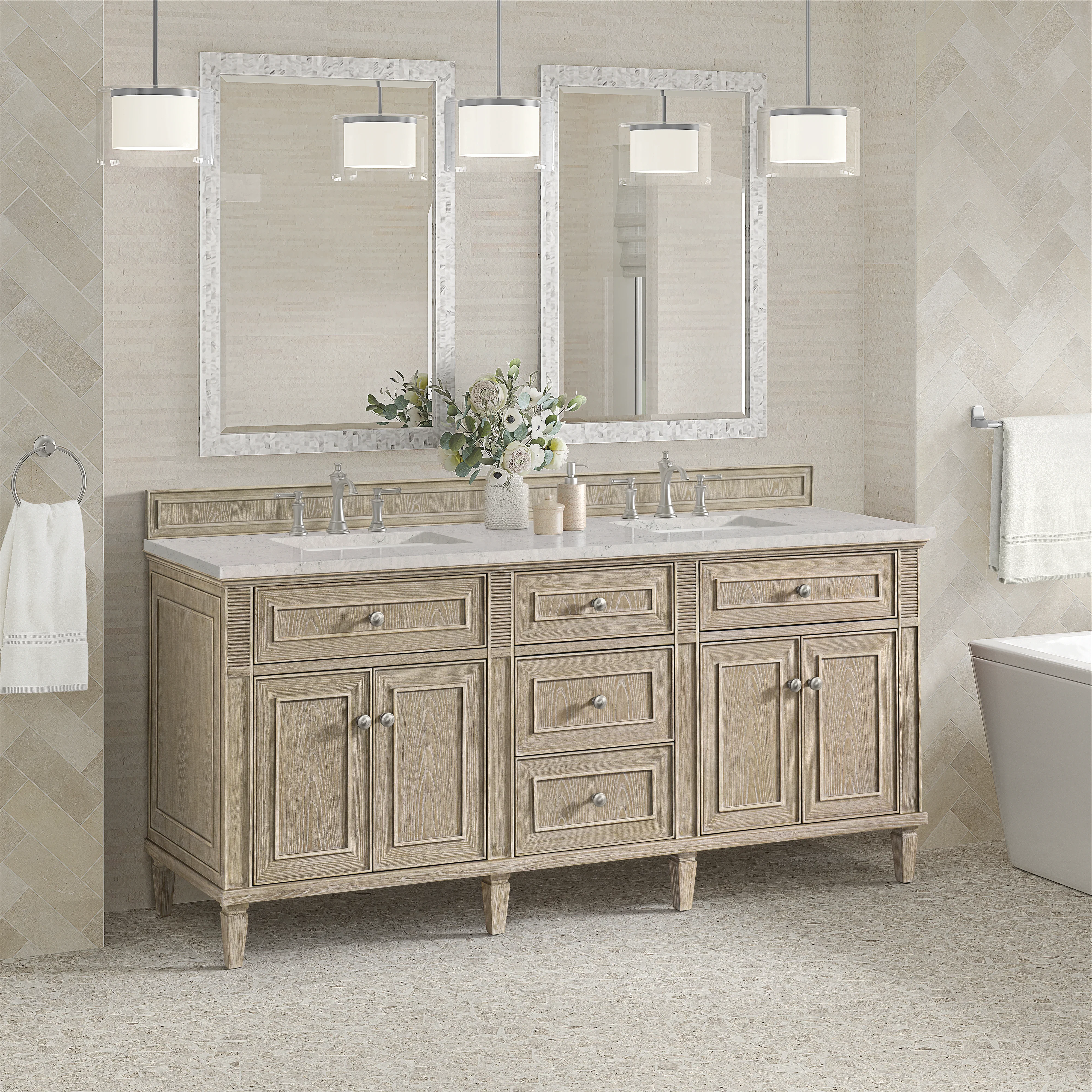 Lorelai 72" Double Vanity, Whitewashed Oak w/ 3 CM Eternal Jasmine Pearl Silestone Top w/FreePower Wireless Charger