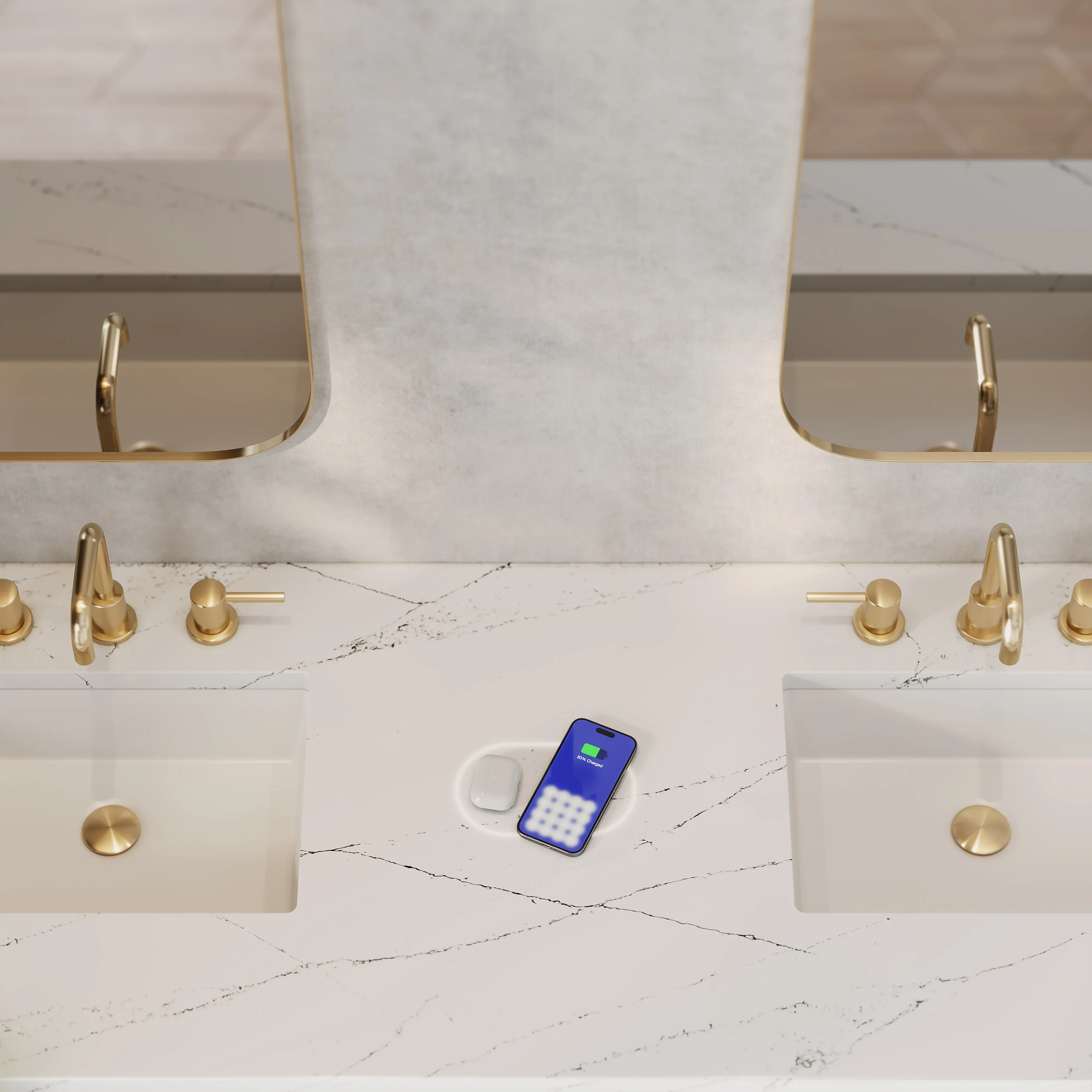 Lorelai 72" Double Vanity, Whitewashed Oak w/ 3 CM Ethereal Noctis Silestone Top w/FreePower Wireless Charger