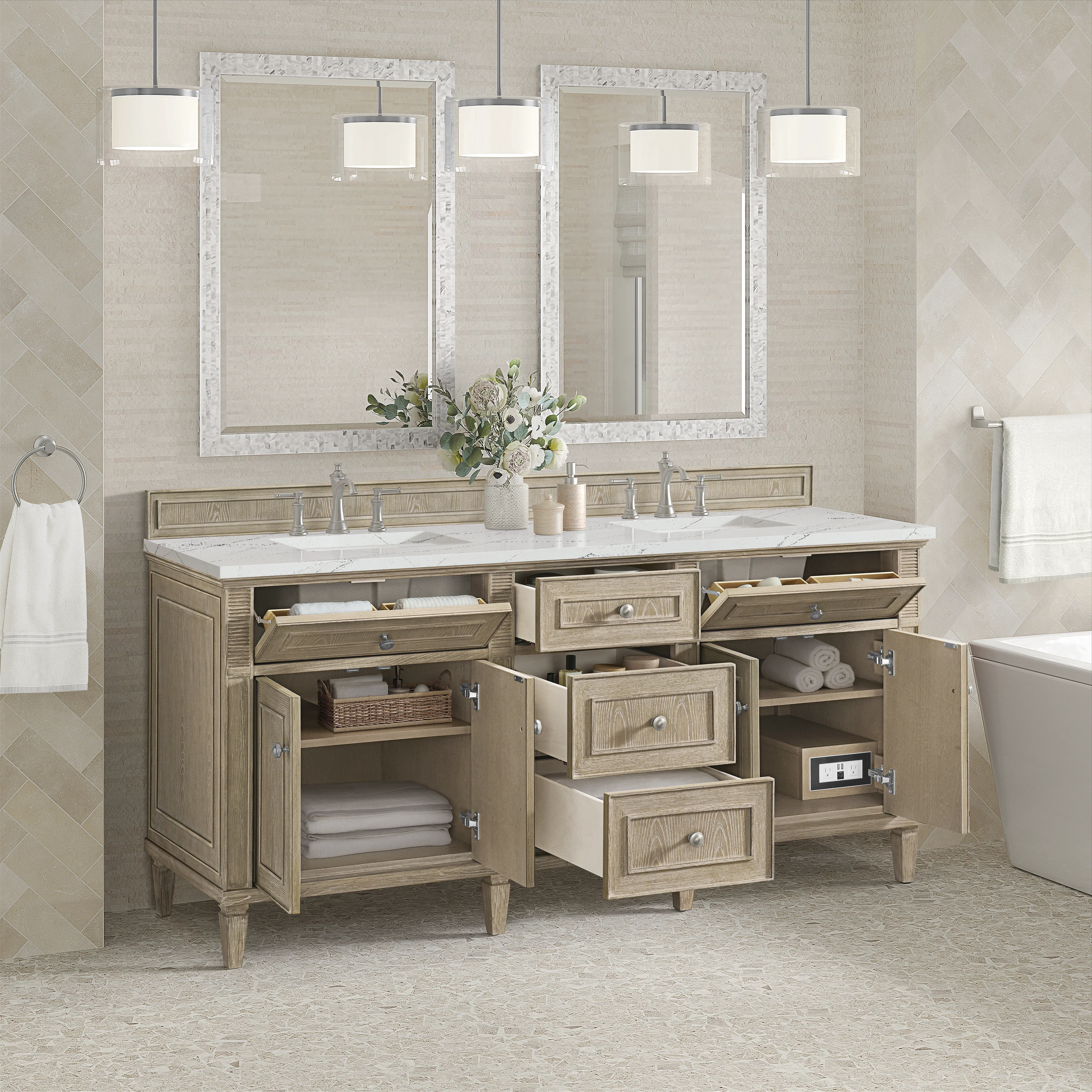 Lorelai 72" Double Vanity, Whitewashed Oak w/ 3 CM Ethereal Noctis Silestone Top w/FreePower Wireless Charger