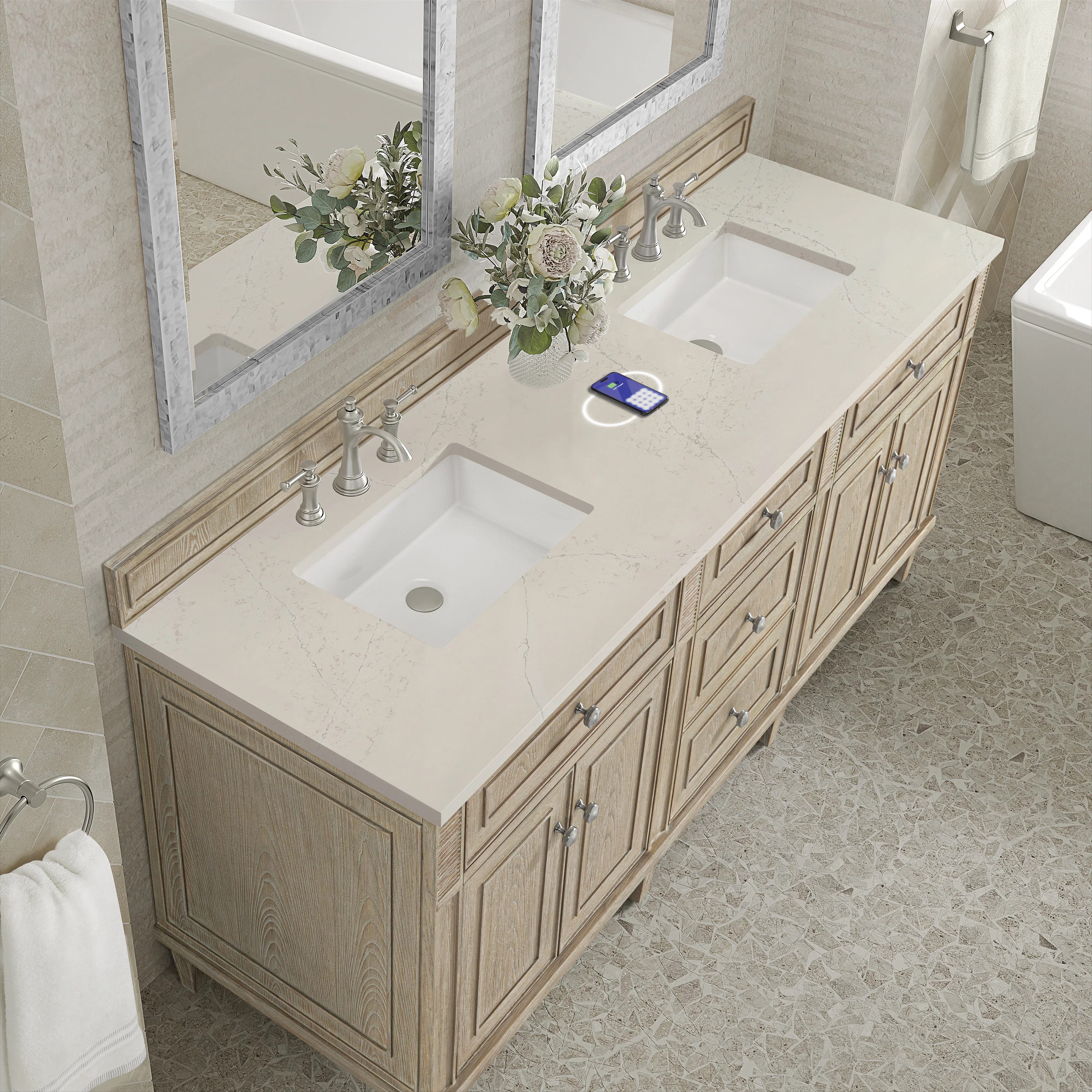 Lorelai 72" Double Vanity, Whitewashed Oak, w/ 3 CM Siberian Silestone Top w/FreePower Wireless Charger