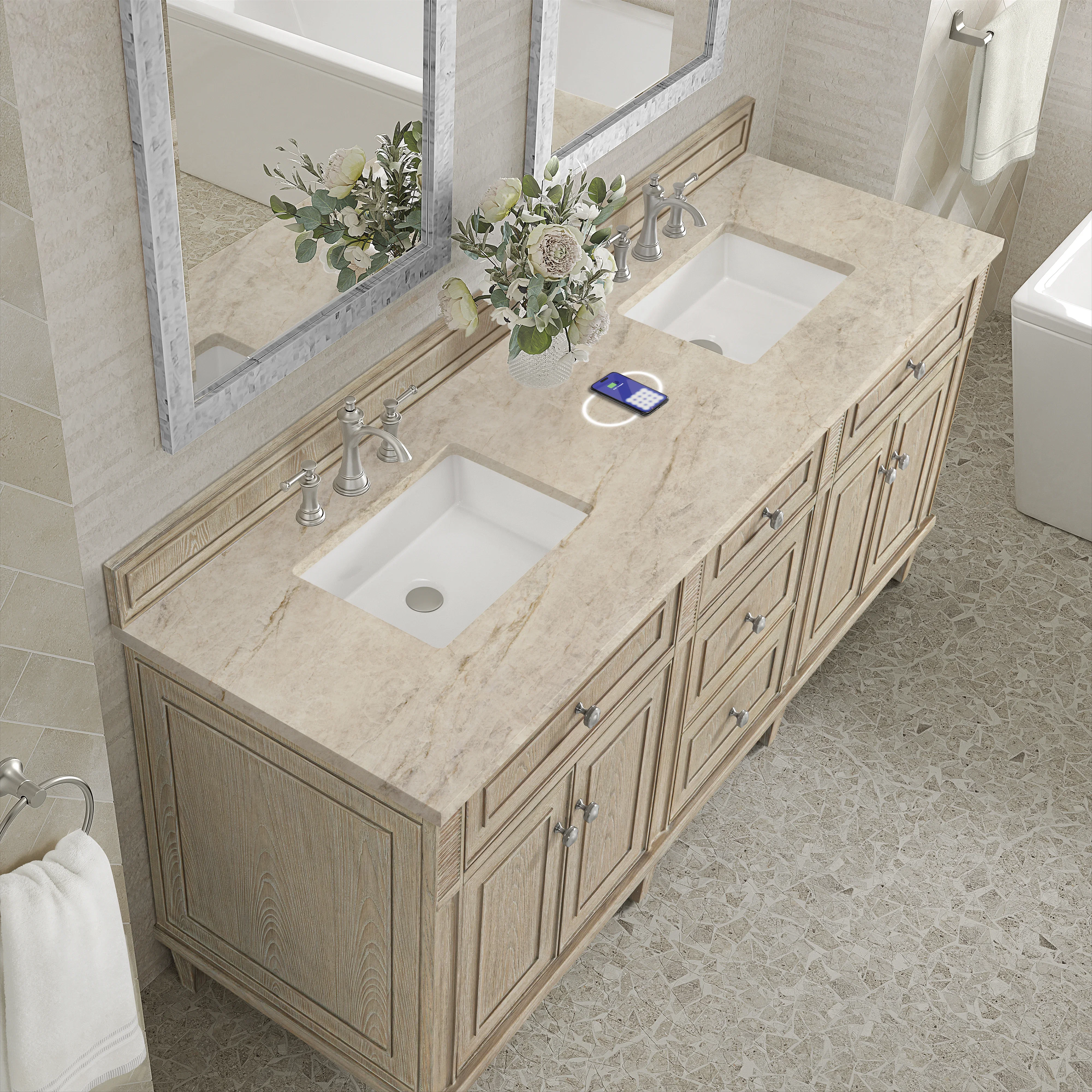 Lorelai 72" Double Vanity, Whitewashed Oak, w/ 3 CM Tajnar Eclos Top w/FreePower Wireless Charger