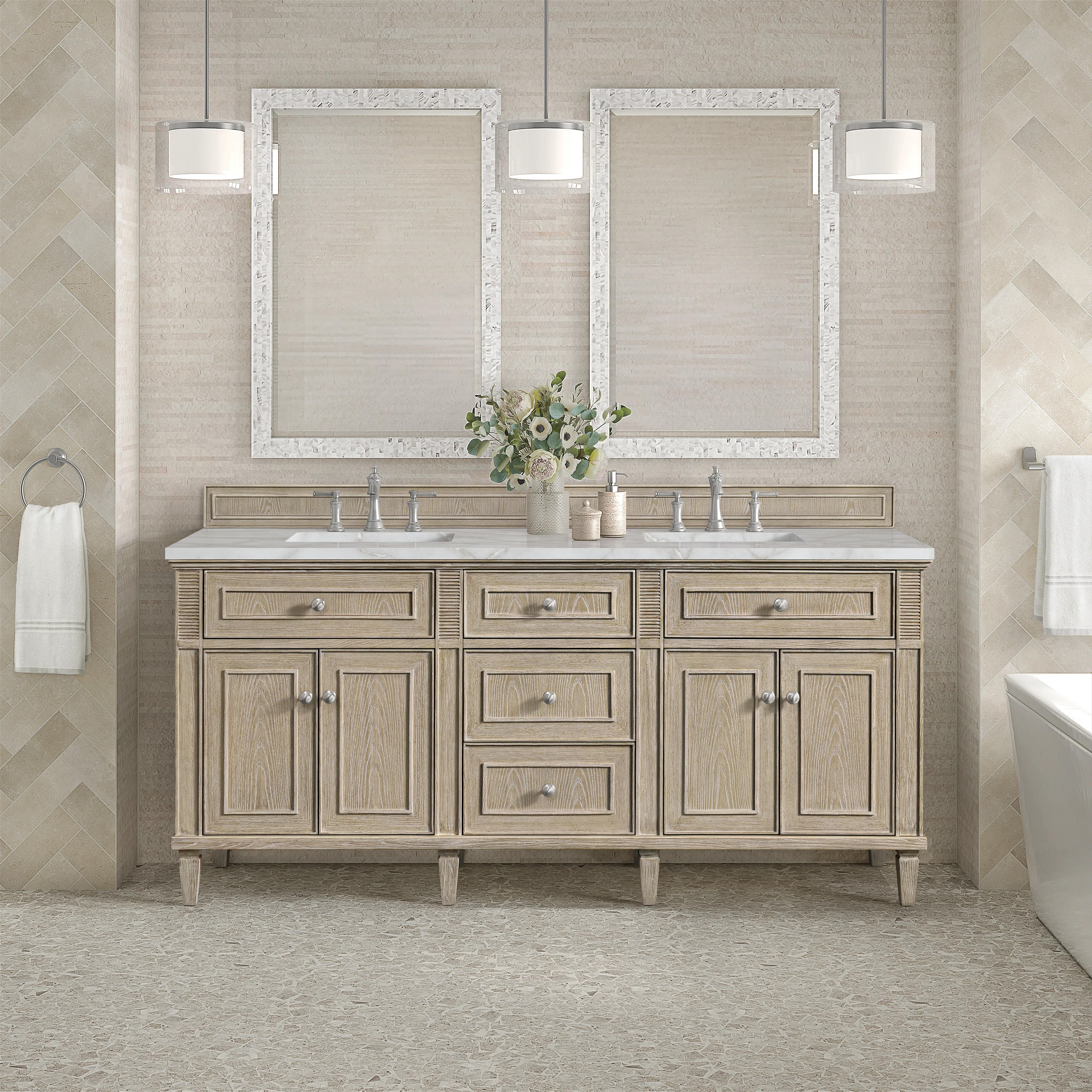 Lorelai 72" Double Vanity, Whitewashed Oak w/ 3 CM Victorian Silver Silestone Top w/FreePower Wireless Charger