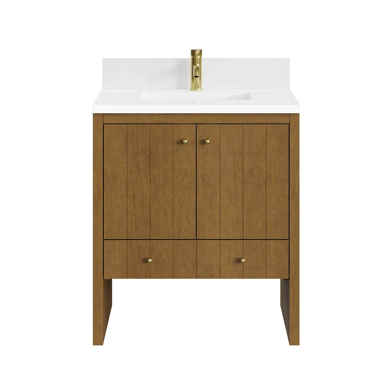 Hudson 30" Single Vanity, Honey Oak w/ Single Hole 3 CM White Zeus Silestone Top and Matching Backsplash