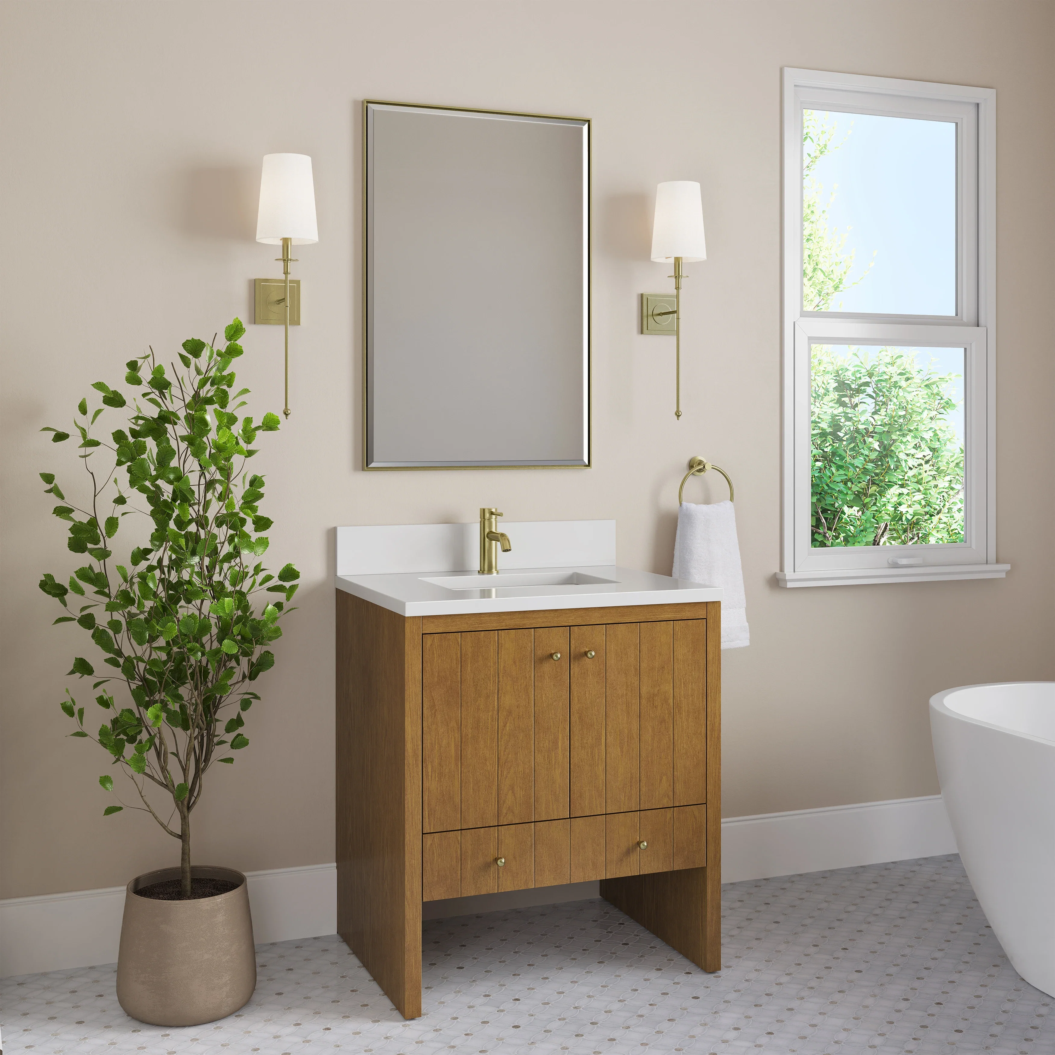 Hudson 30" Single Vanity, Honey Oak w/ Single Hole 3 CM White Zeus Silestone Top and Matching Backsplash