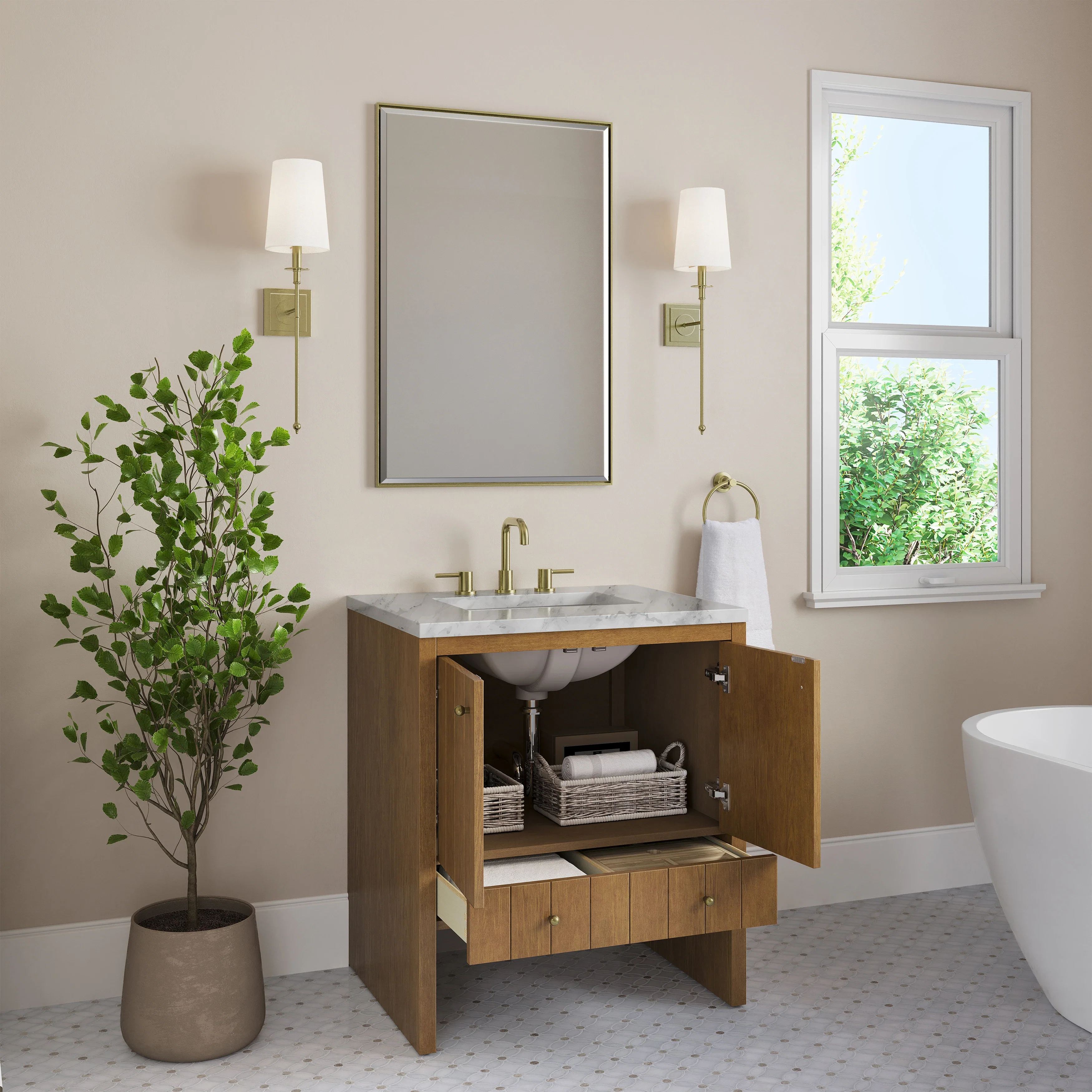 Hudson 30" Single Vanity, Honey Oak w/ 3 CM Carrara Marble Top