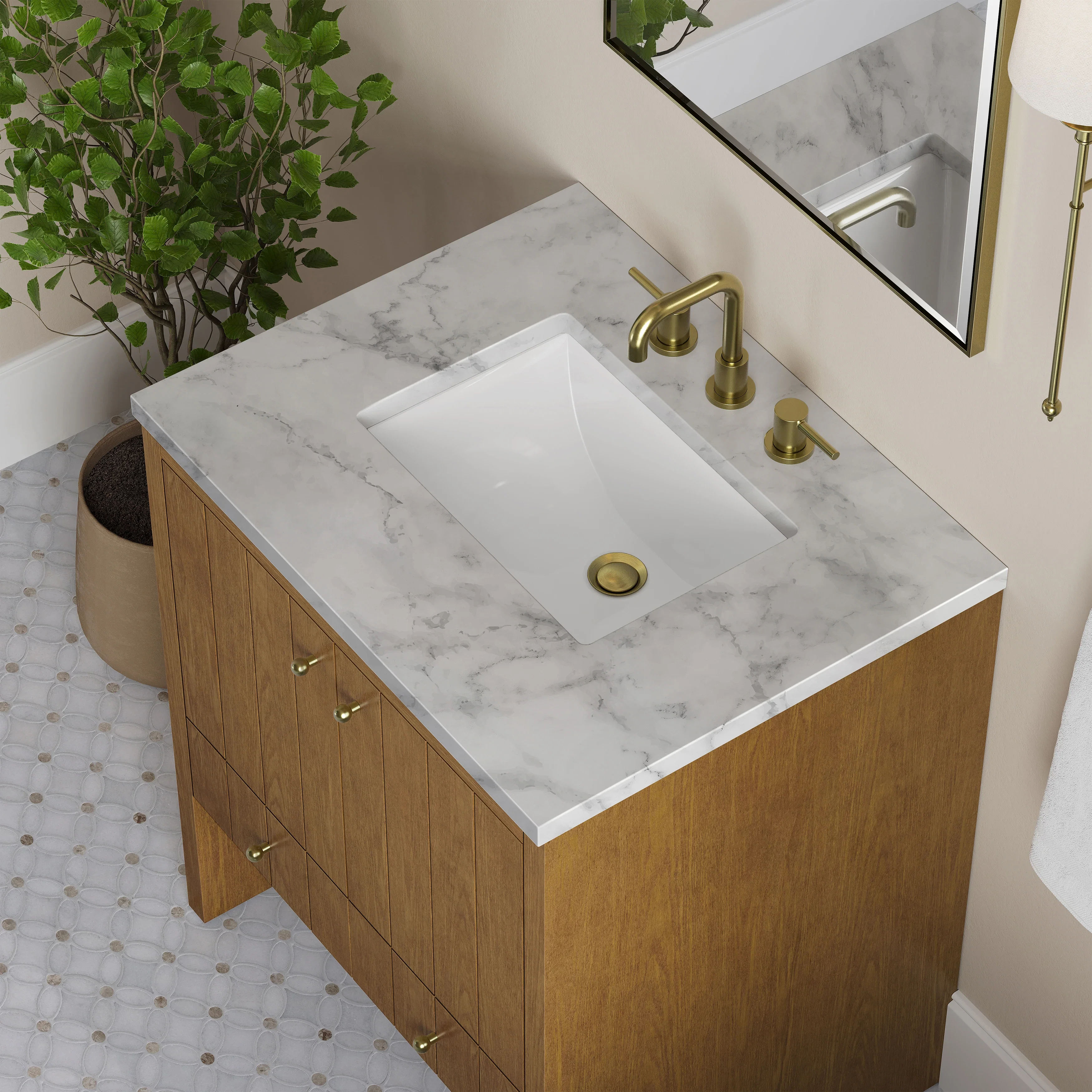 Hudson 30" Single Vanity, Honey Oak w/ 3 CM Carrara Marble Top
