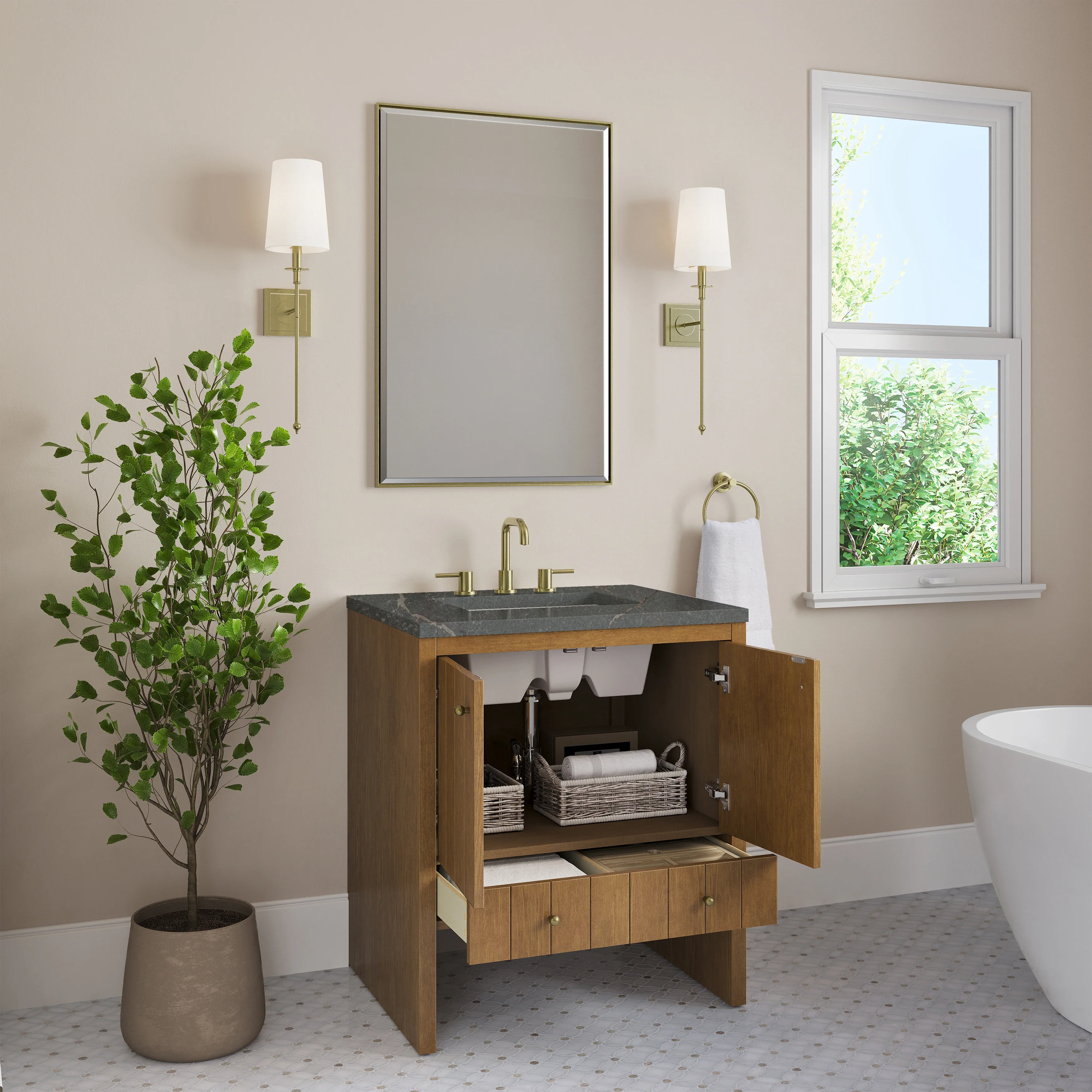 Hudson 30" Single Vanity, Honey Oak w/ 3 CM Parisien Bleu Silestone Top