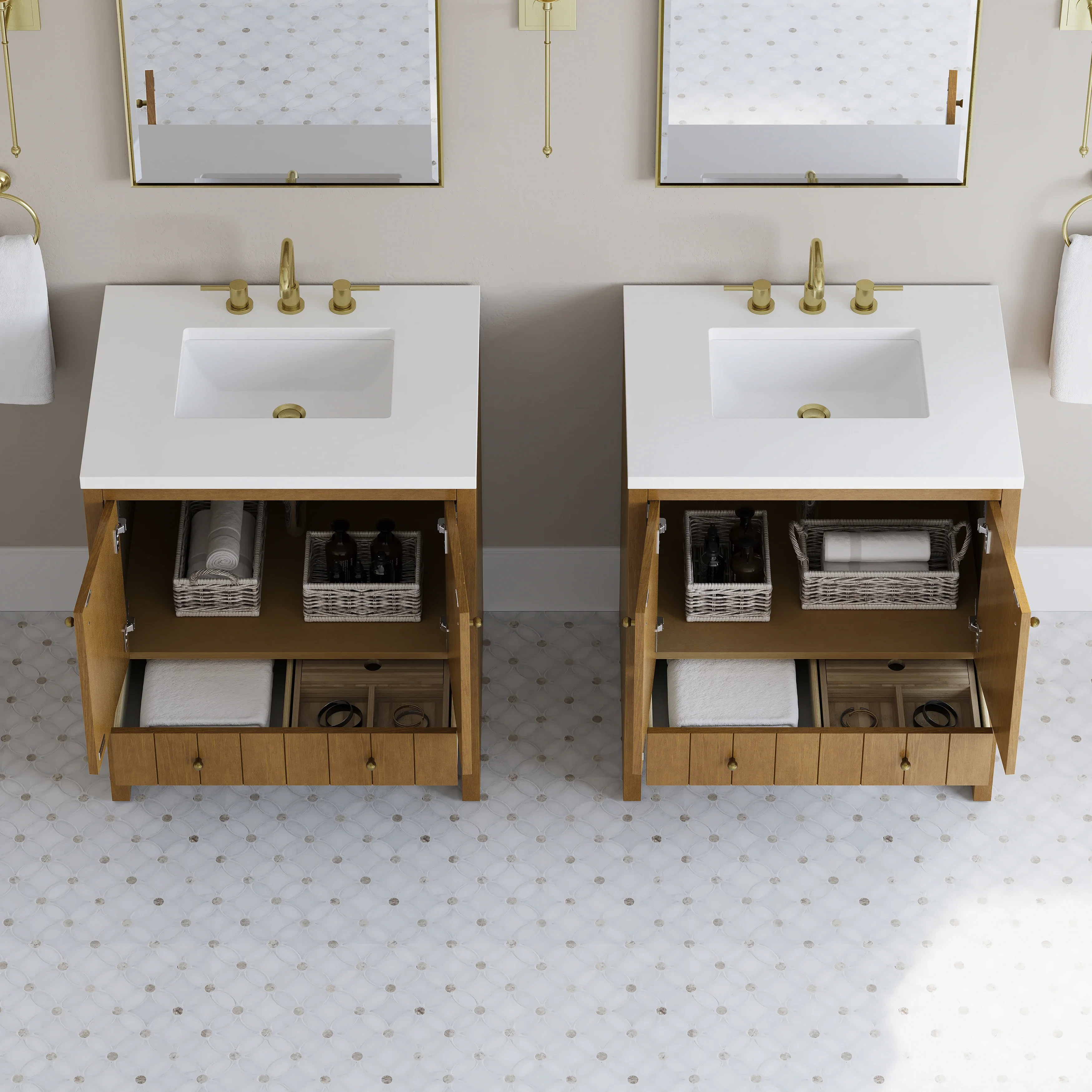 Hudson 30" Single Vanity, Honey Oak w/ 3 CM White Zeus Silestone Top