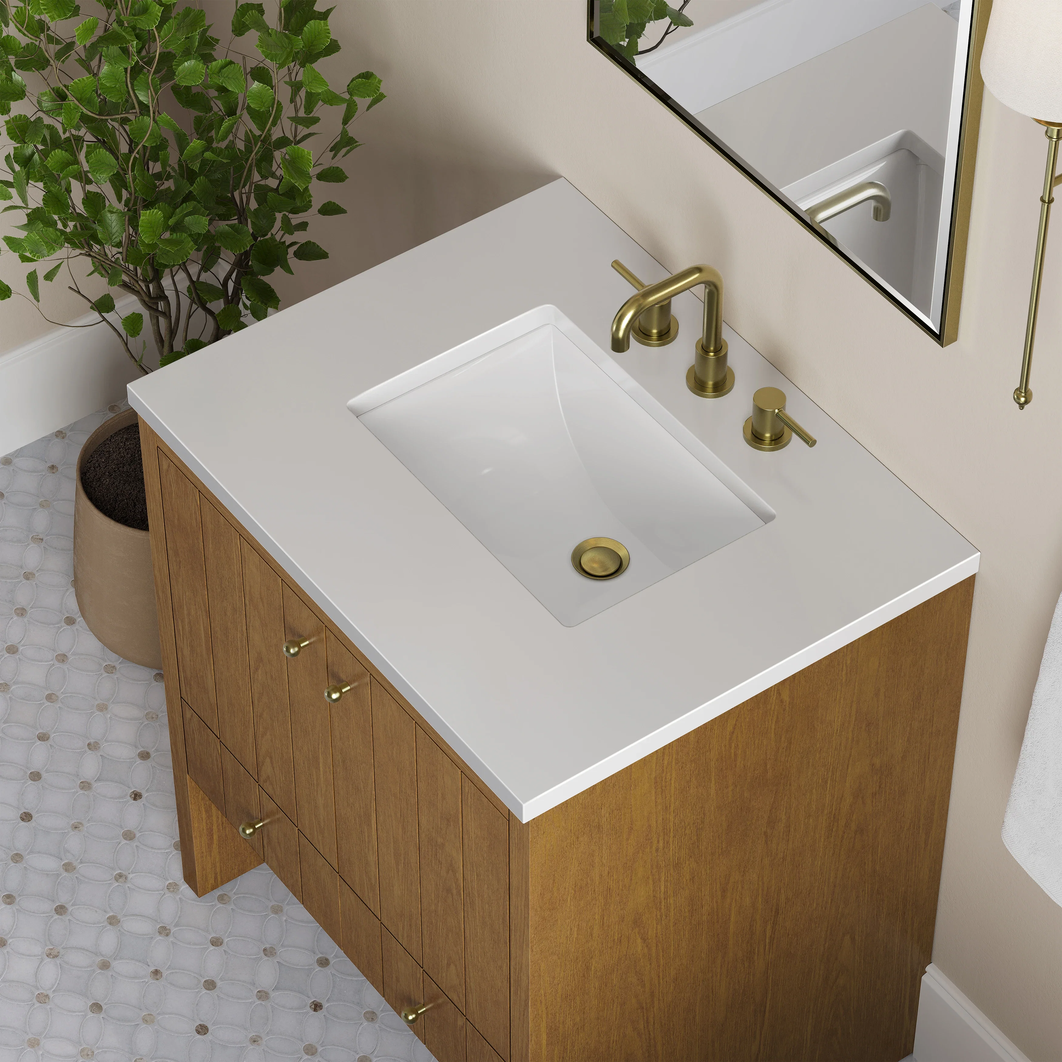 Hudson 30" Single Vanity, Honey Oak w/ 3 CM White Zeus Silestone Top