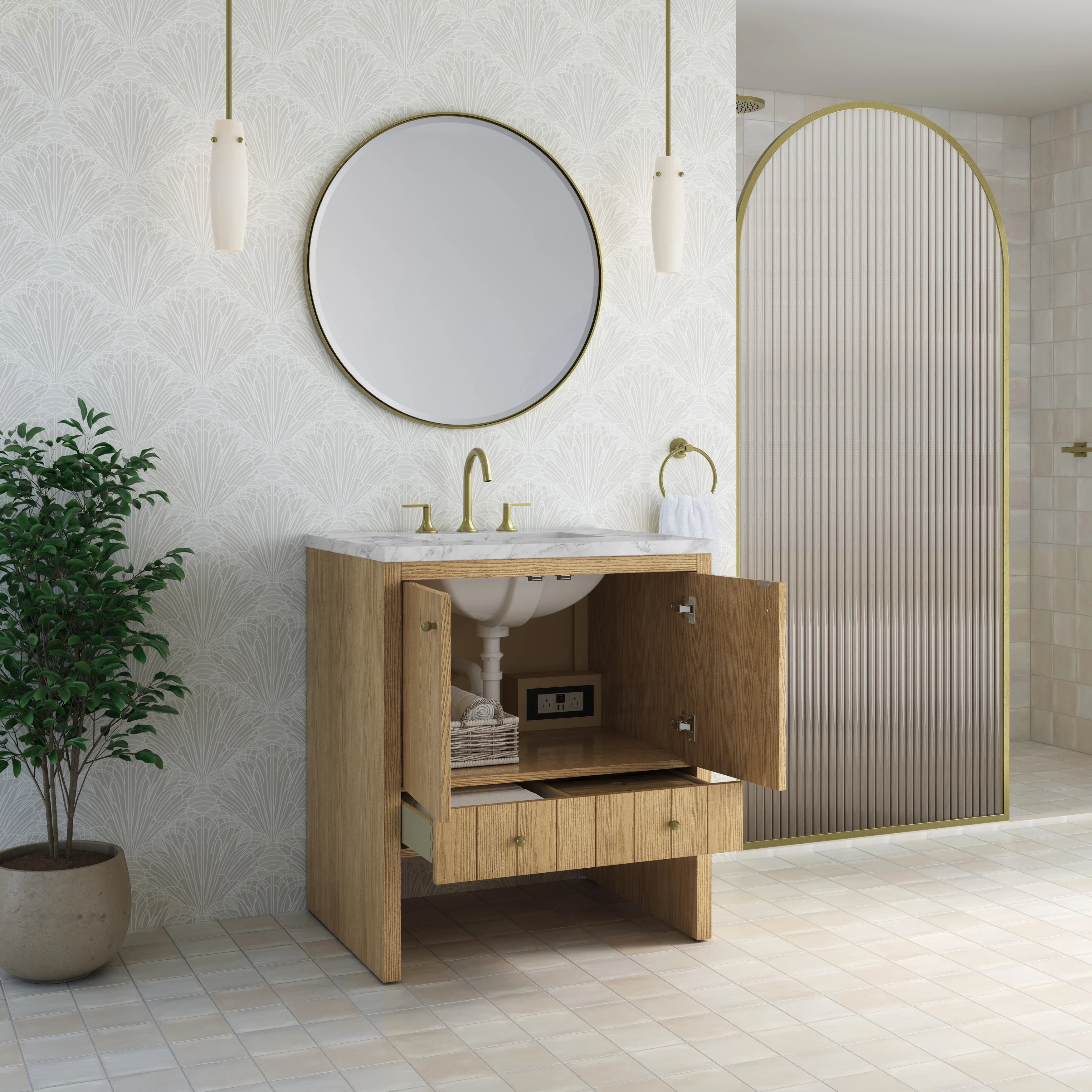 Hudson 30" Single Vanity, Light Natural Oak w/ 3 CM Carrara Marble Top