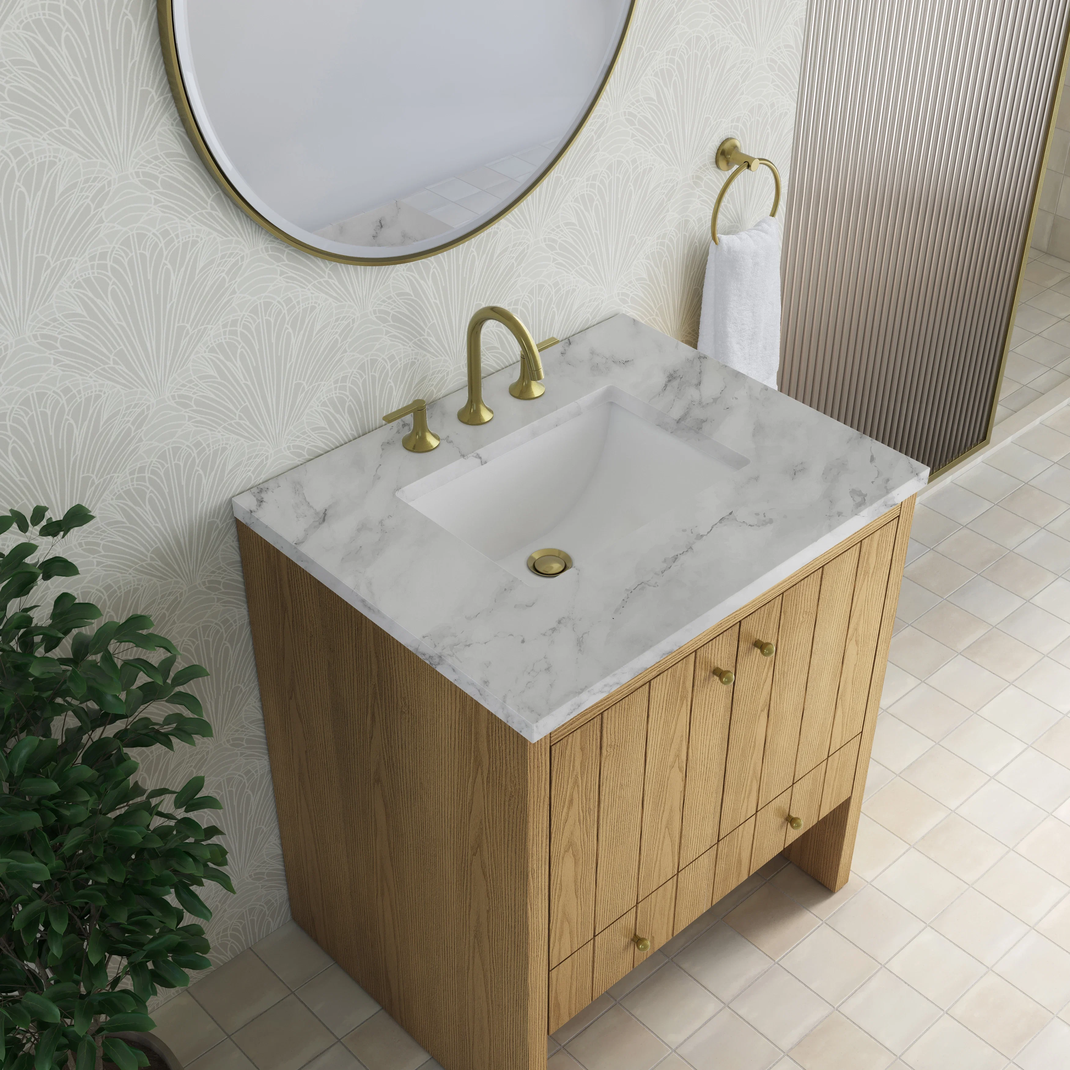 Hudson 30" Single Vanity, Light Natural Oak w/ 3 CM Carrara Marble Top