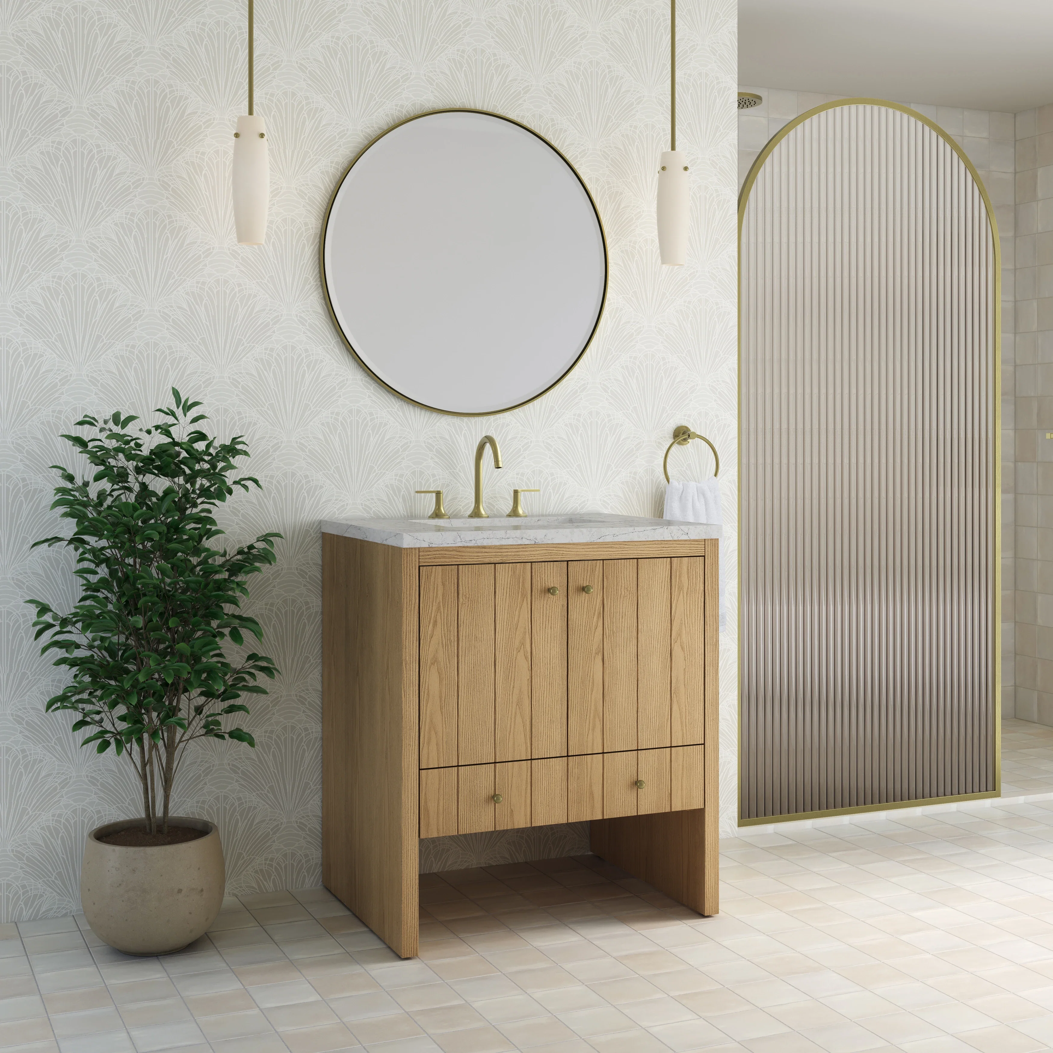 Hudson 30" Single Vanity, Light Natural Oak w/ 3 CM Eternal Jasmine Pearl Silestone Top