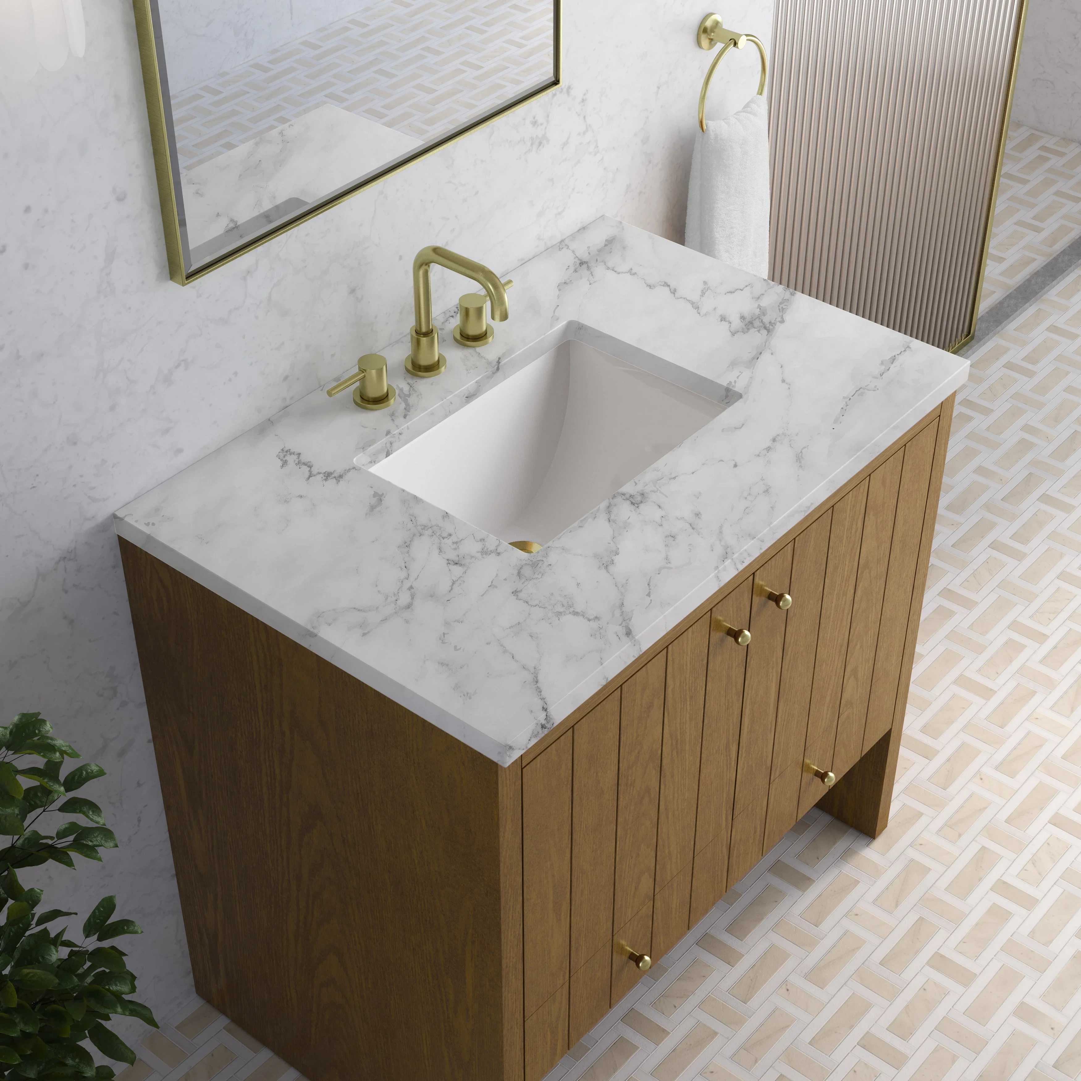 Hudson 36" Single Vanity, Honey Oak w/ 3 CM Carrara Marble Top