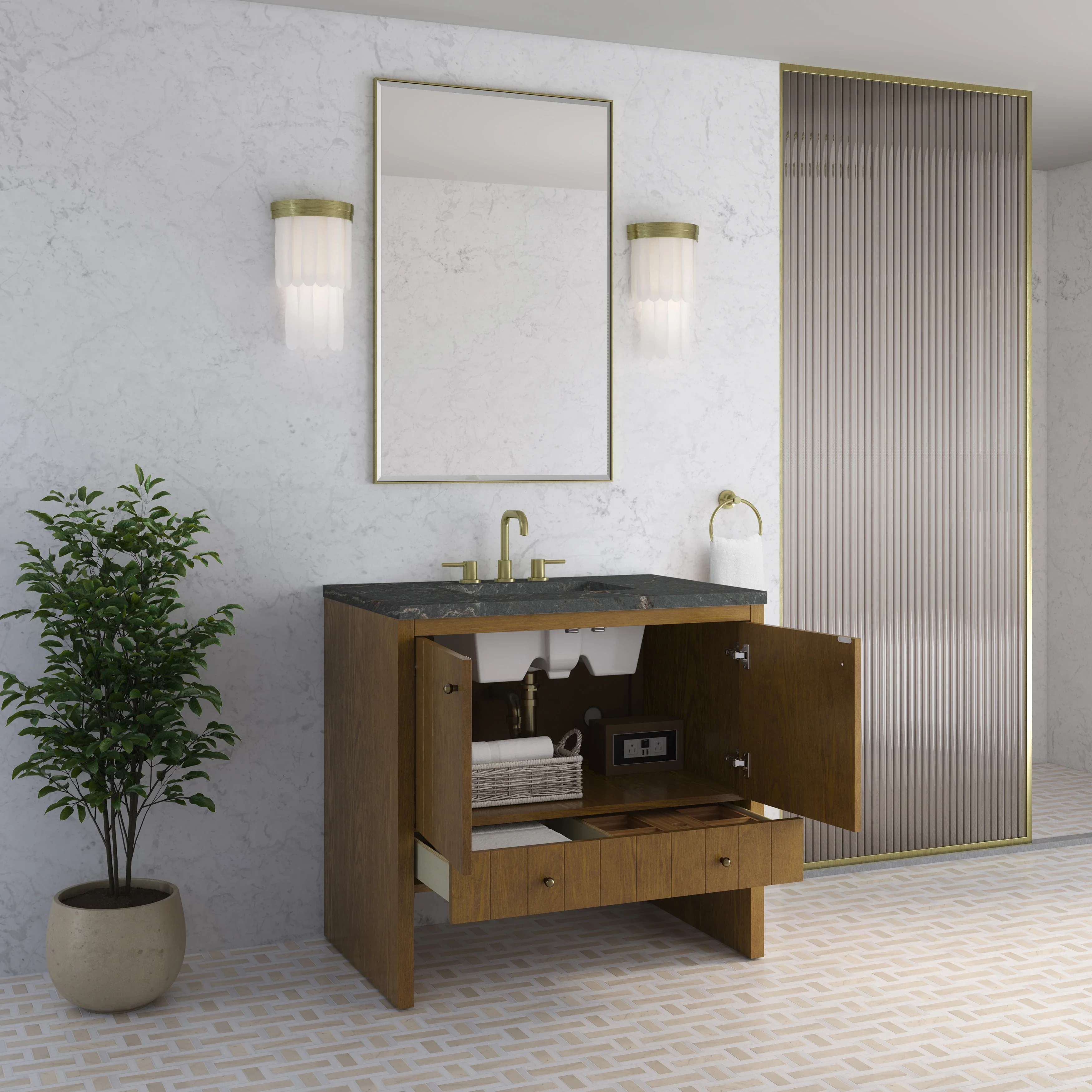 Hudson 36" Single Vanity, Honey Oak w/ 3 CM Parisien Bleu Silestone Top