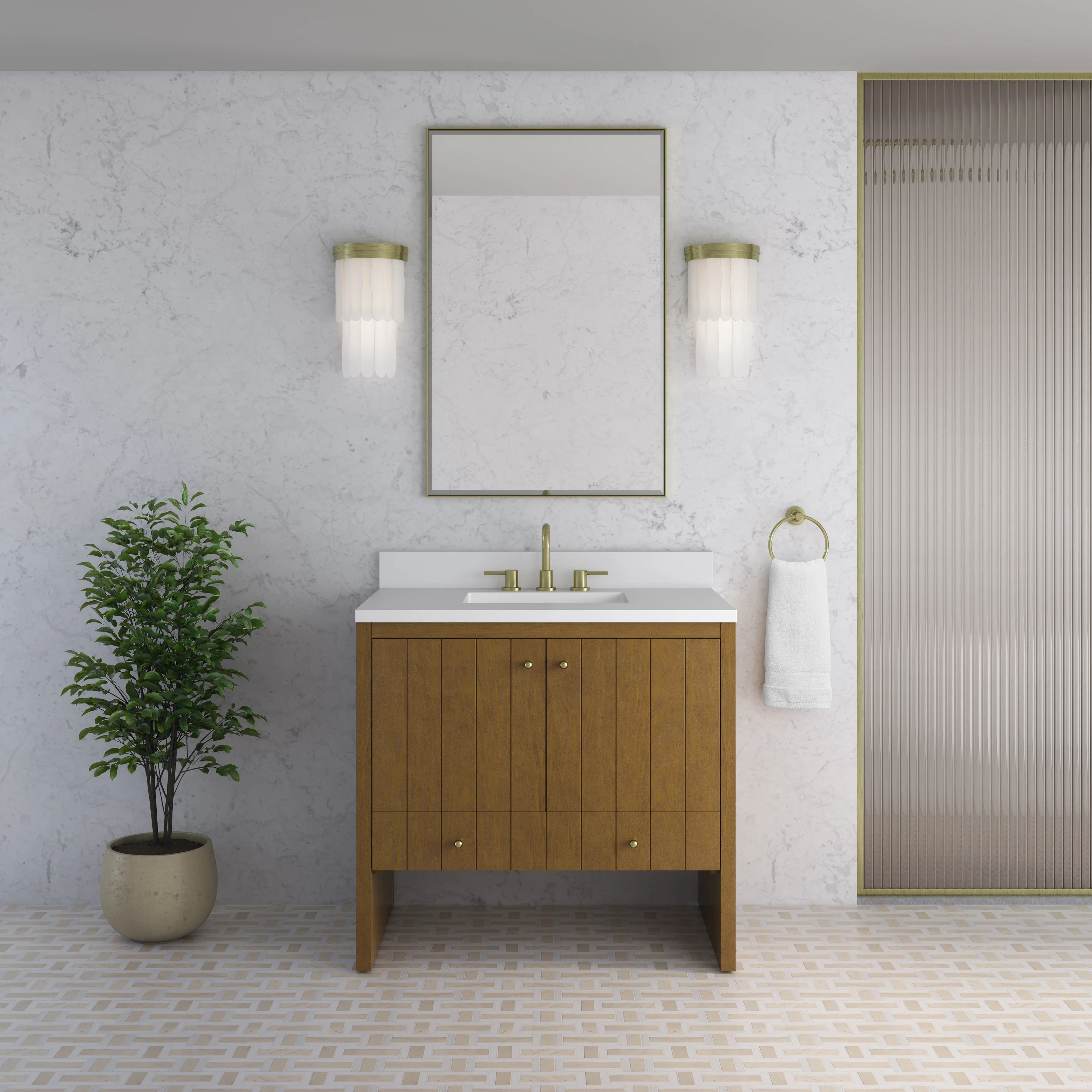 Hudson 36" Single Vanity, Honey Oak w/ 3 CM White Zeus Silestone Top