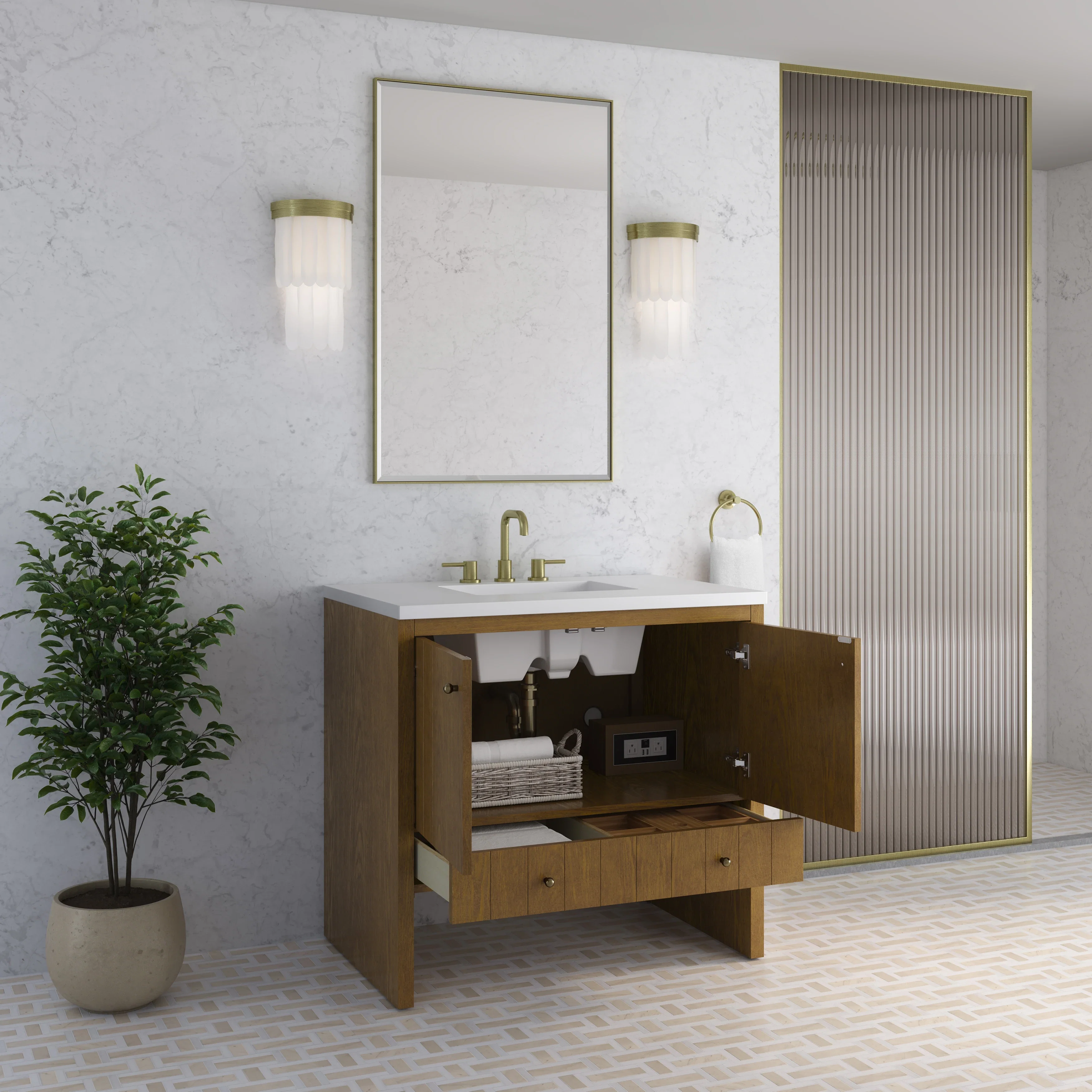 Hudson 36" Single Vanity, Honey Oak w/ 3 CM White Zeus Silestone Top