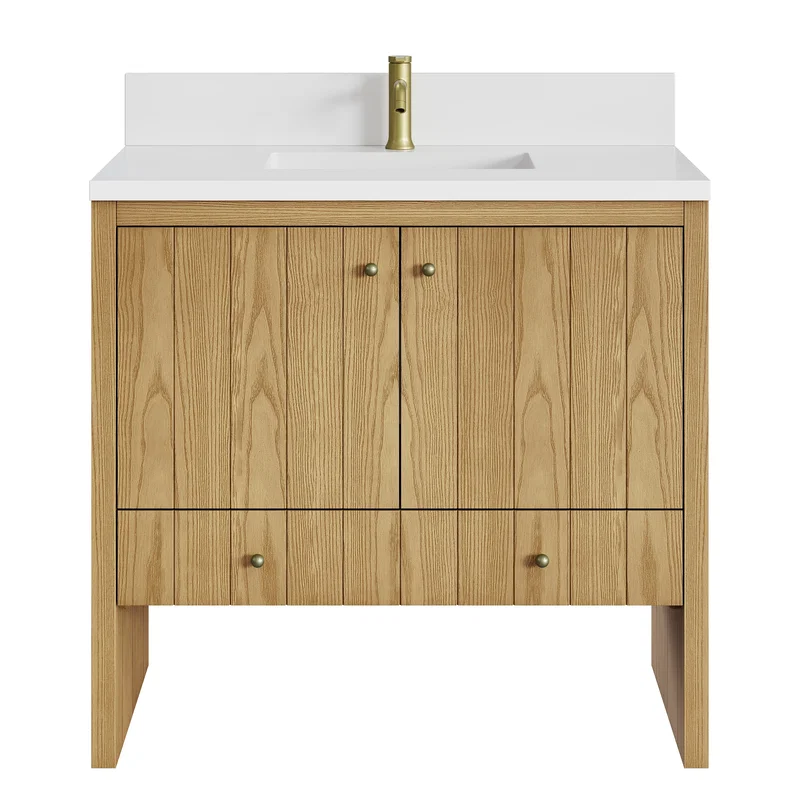 Hudson 36" Single Vanity, Light Natural Oak w/ Single Hole 3 CM White Zeus Top & Backsplash