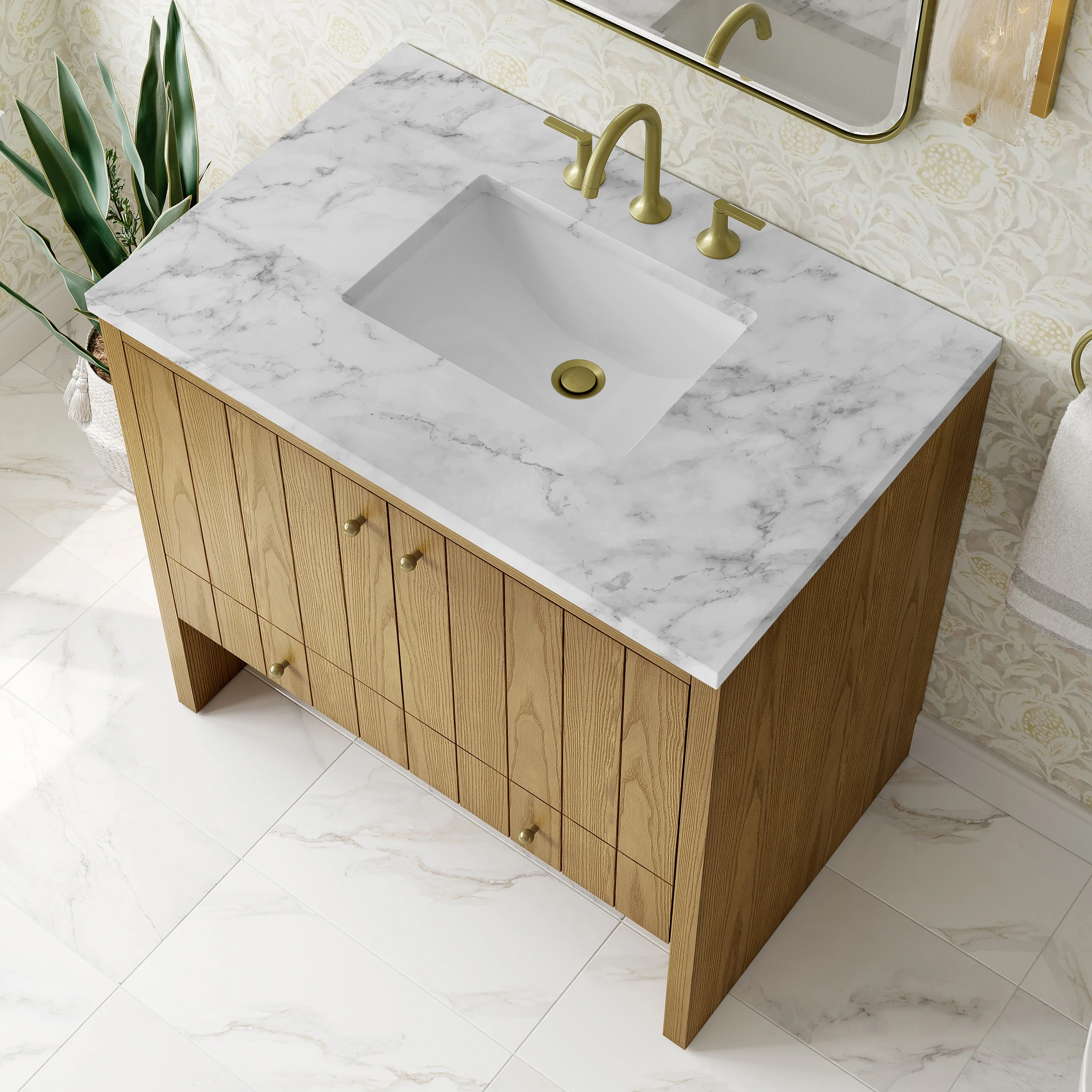 Hudson 36" Single Vanity, Light Natural Oak w/ 3 CM Carrara Marble Top