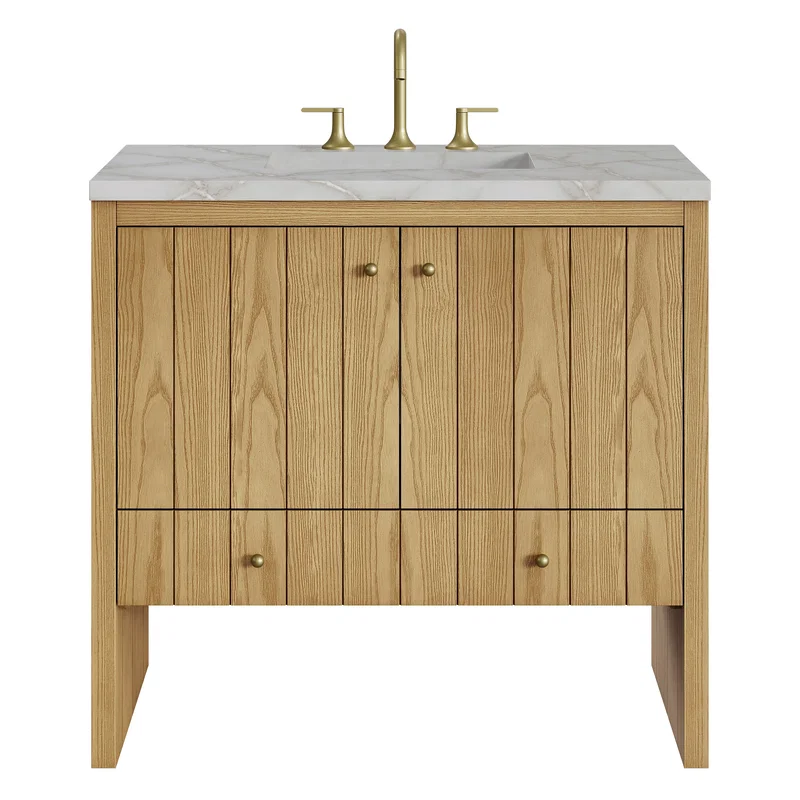 Hudson 36" Single Vanity, Light Natural Oak w/ 3 CM Victorian Silver Top