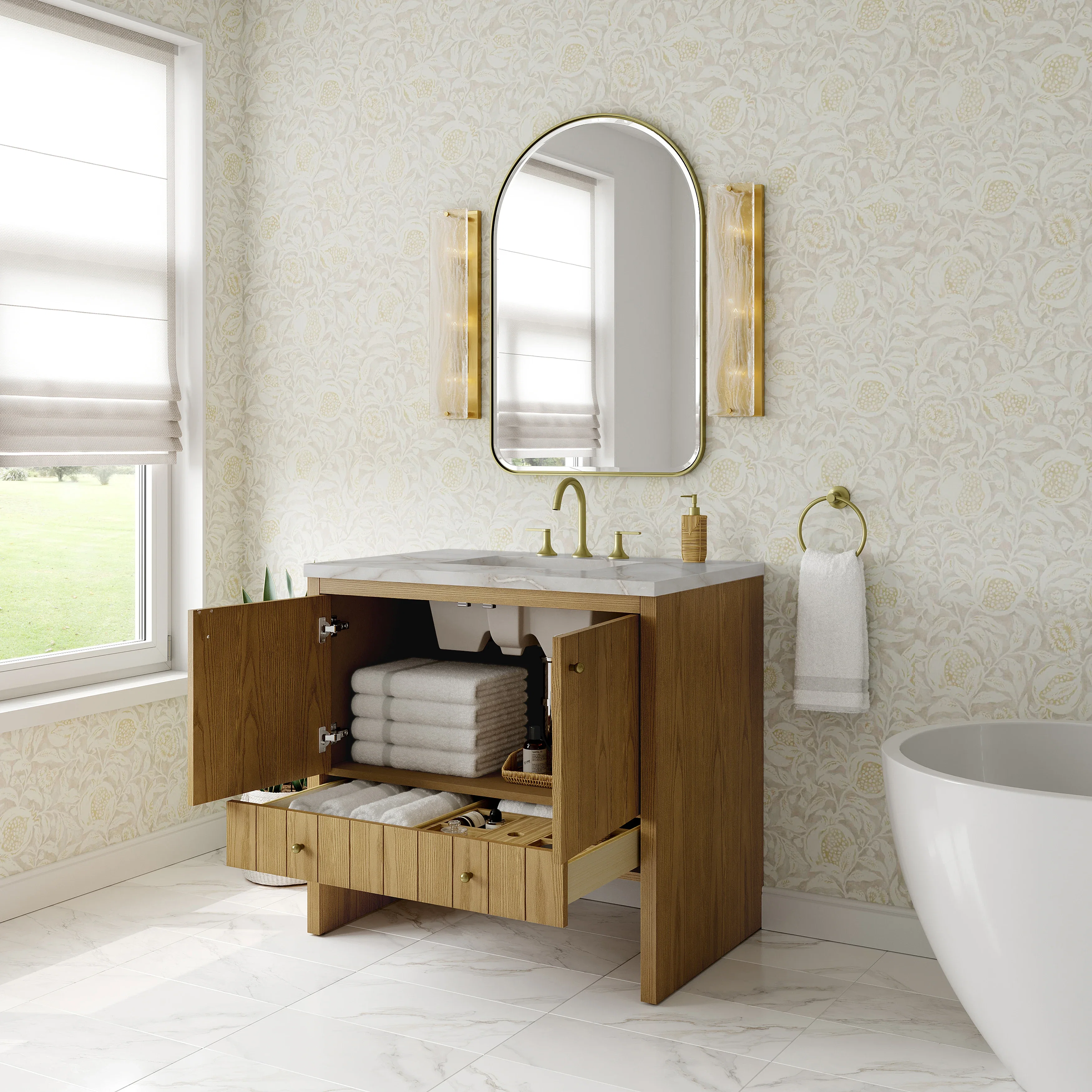 Hudson 36" Single Vanity, Light Natural Oak w/ 3 CM Victorian Silver Top