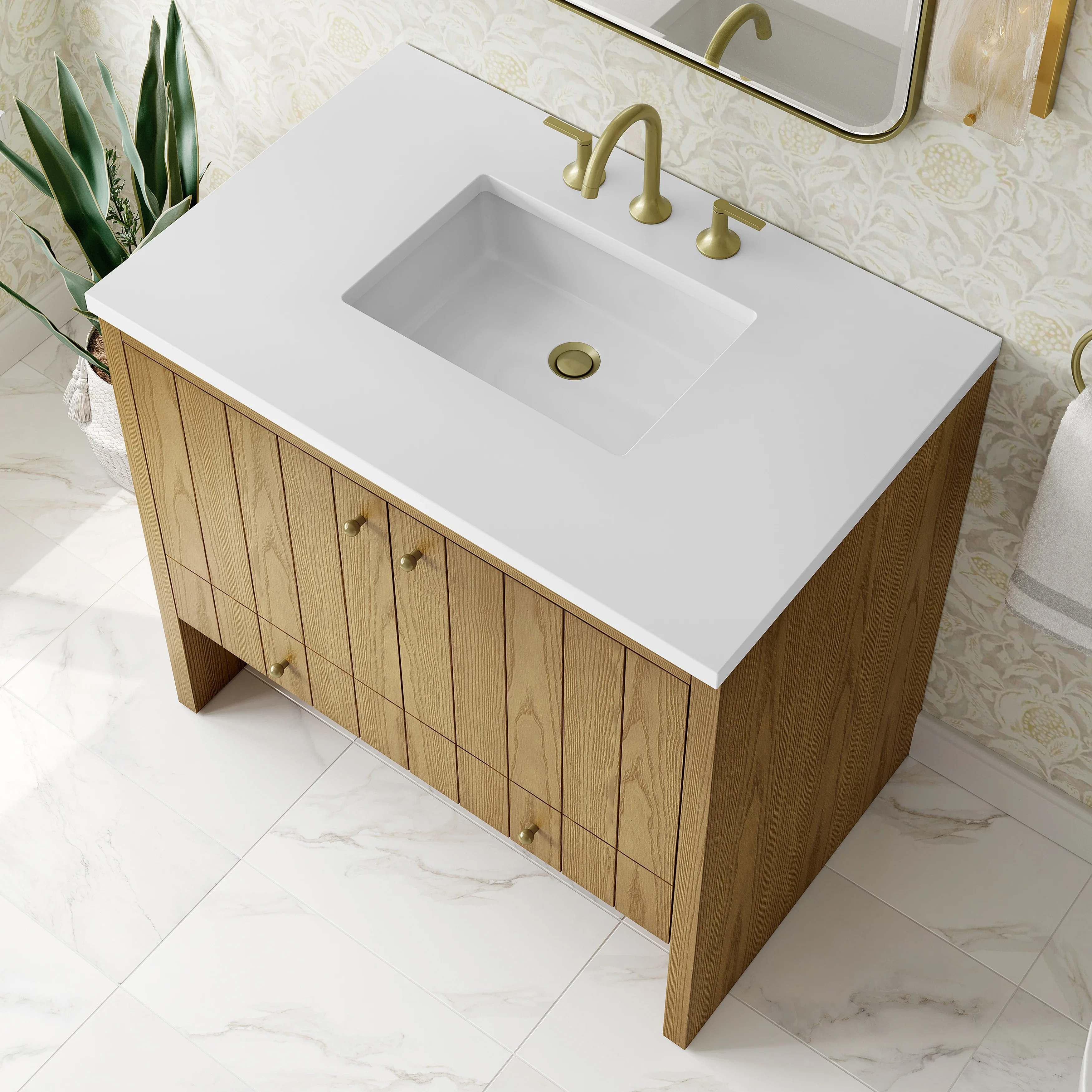 Hudson 36" Single Vanity, Light Natural Oak w/ 3 CM White Zeus Top