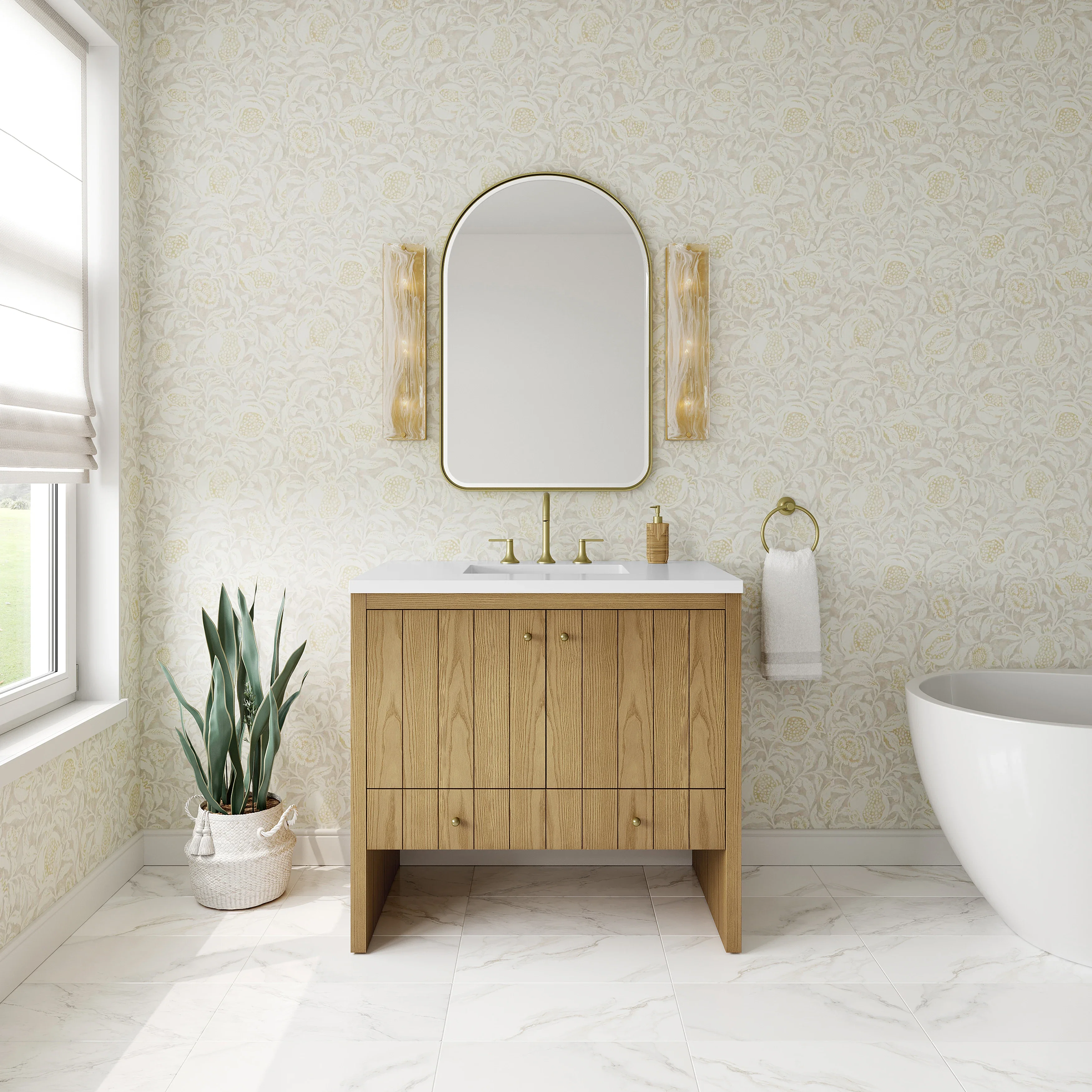 Hudson 36" Single Vanity, Light Natural Oak w/ 3 CM White Zeus Top