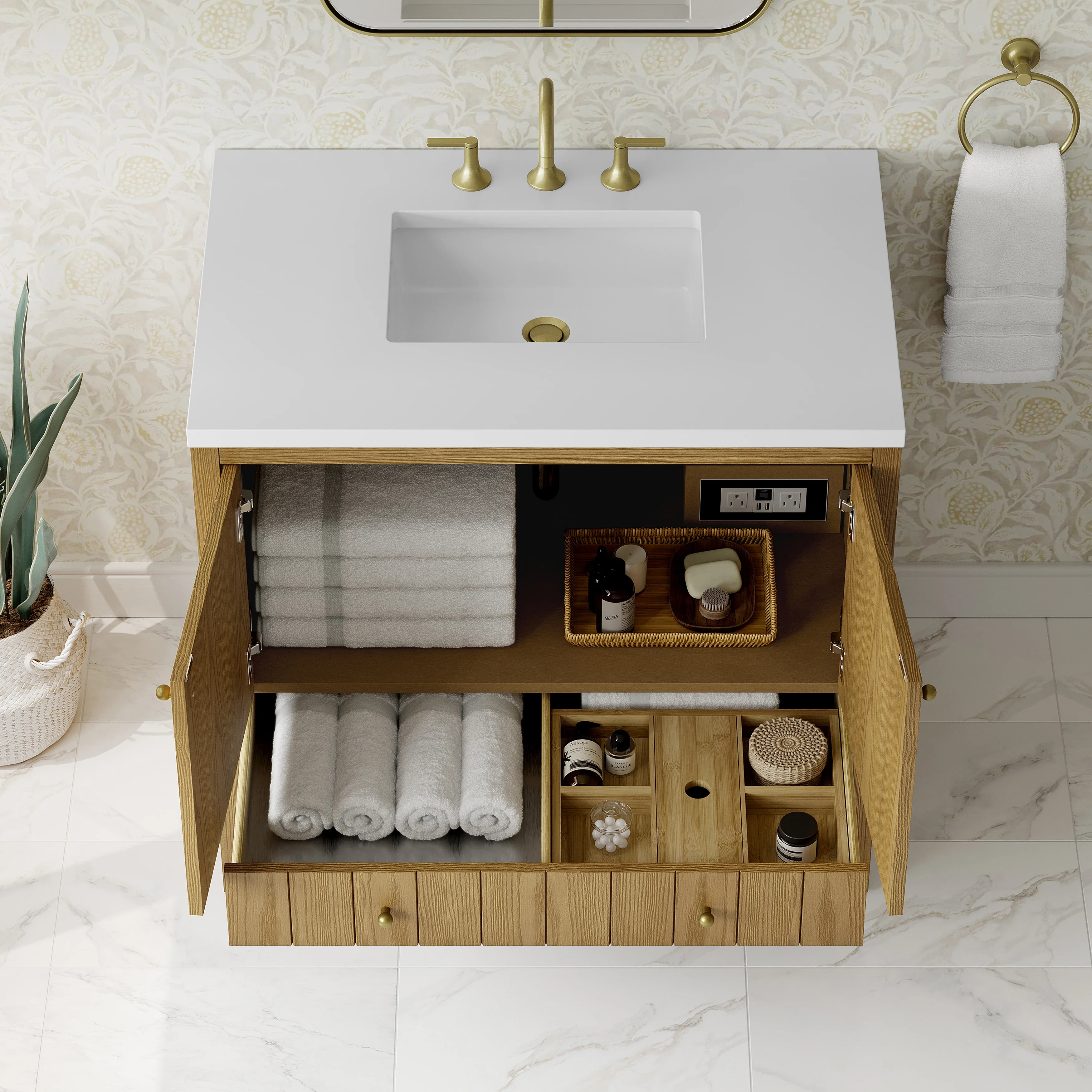 Hudson 36" Single Vanity, Light Natural Oak w/ 3 CM White Zeus Top