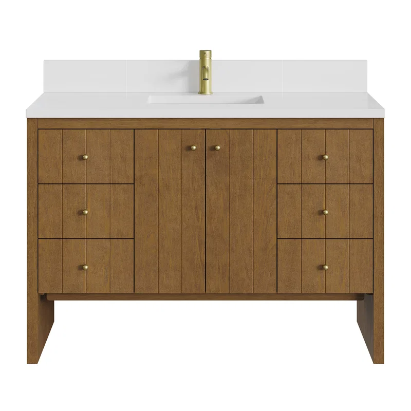 Hudson 48" Single Vanity, Honey Oak w/ Single Hole 3 CM White Zeus Silestone Top and Matching Backsplash