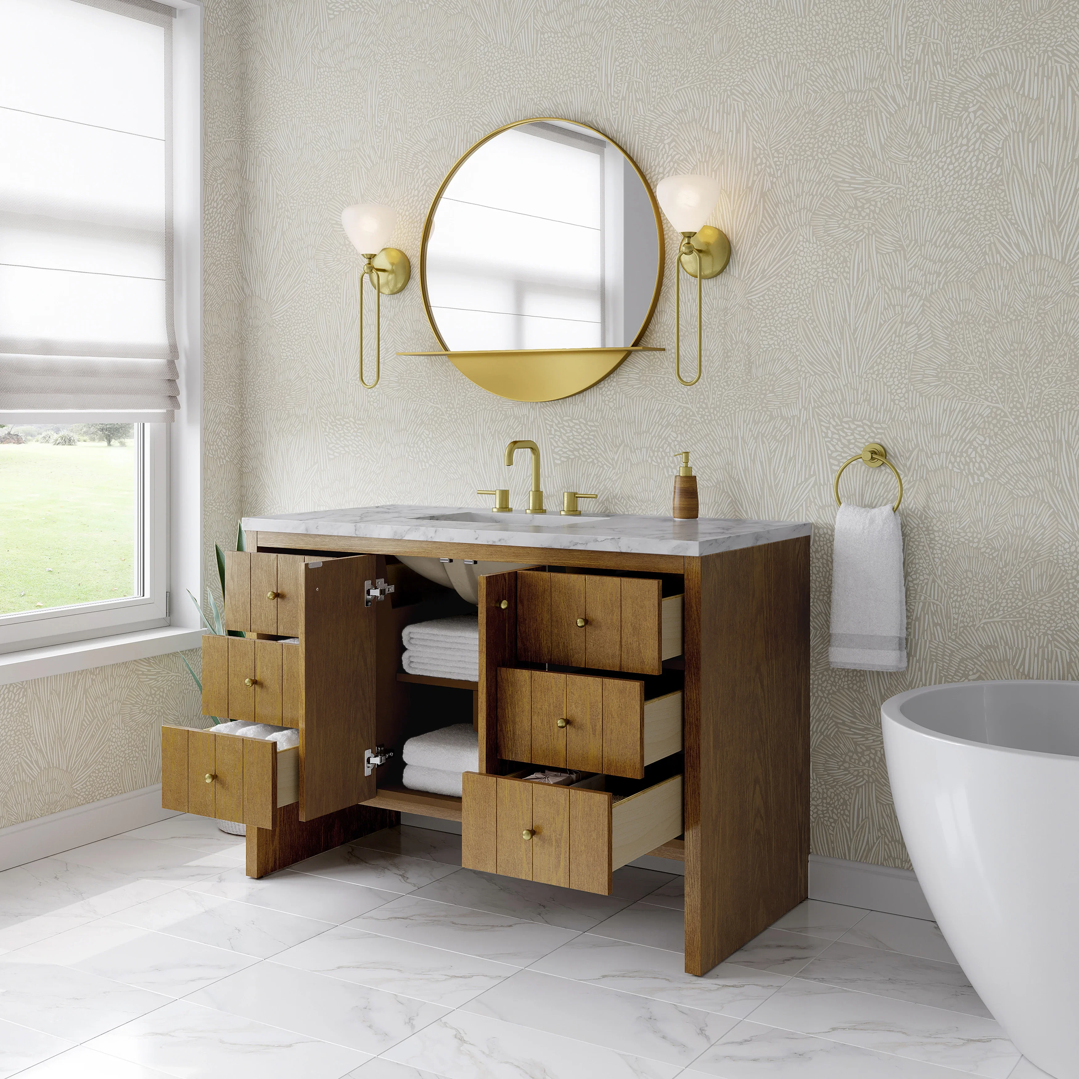 Hudson 48" Single Vanity, Honey Oak w/ 3 CM Carrara Marble Top