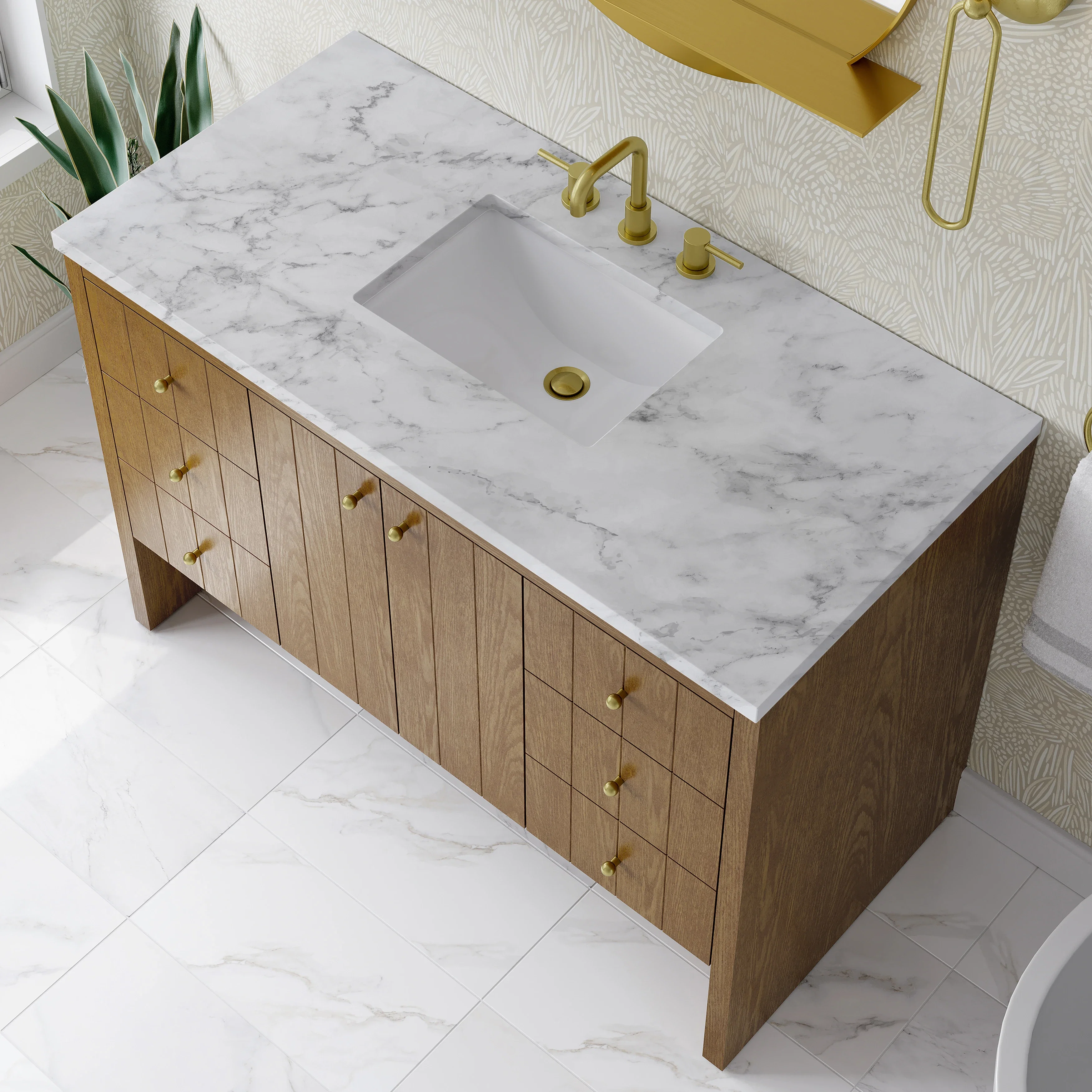 Hudson 48" Single Vanity, Honey Oak w/ 3 CM Carrara Marble Top
