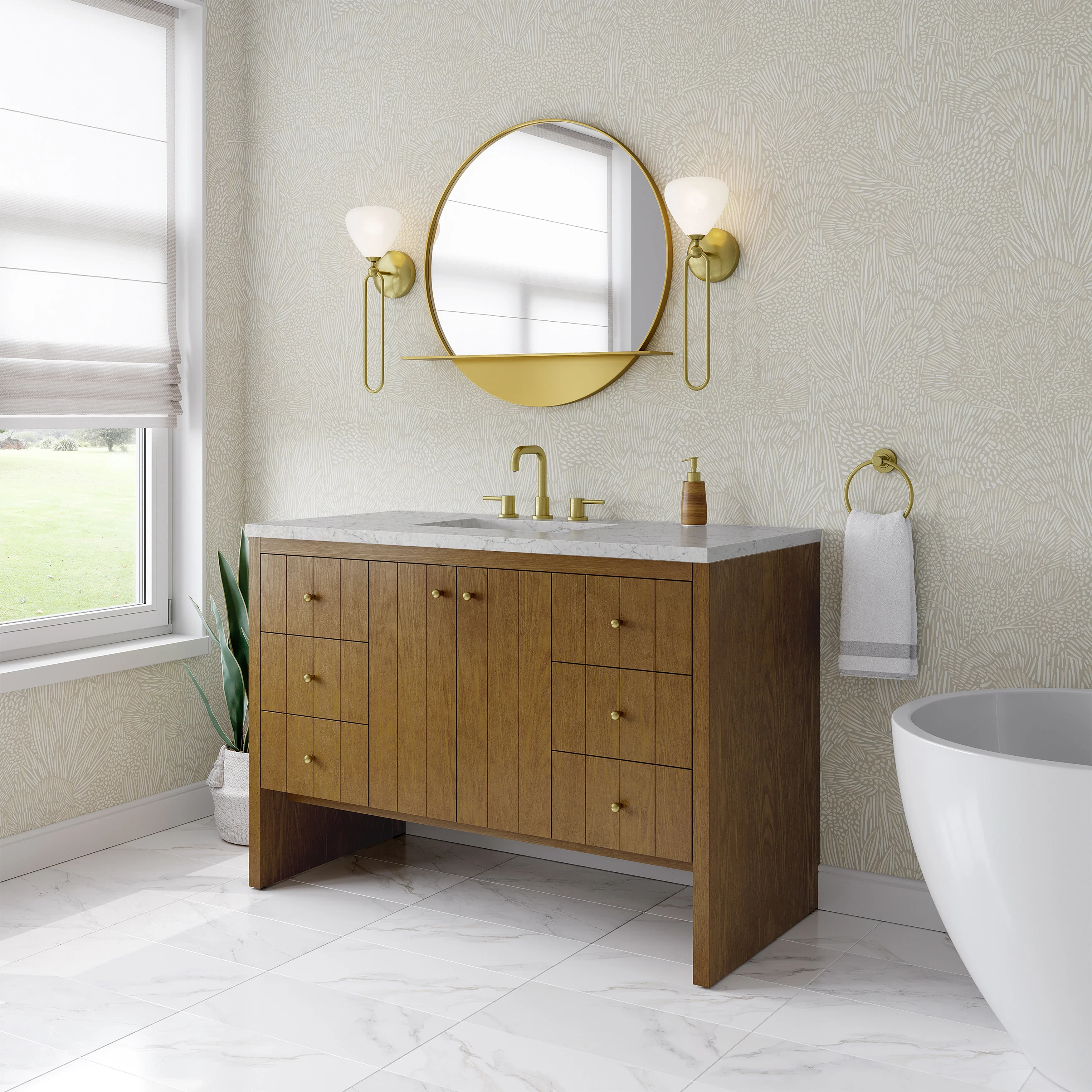 Hudson 48" Single Vanity, Honey Oak w/ 3 CM Eternal Jasmine Pearl Silestone Top