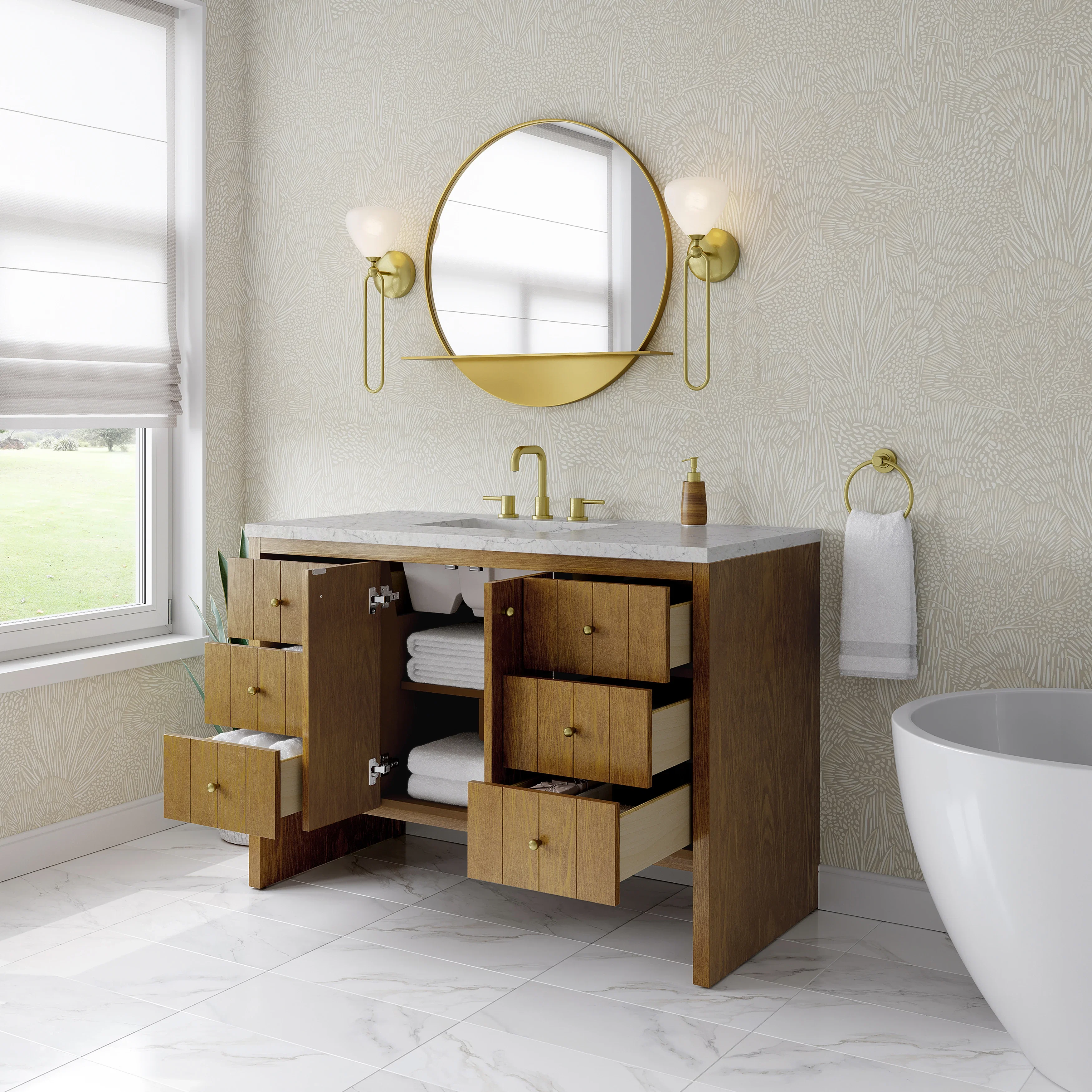 Hudson 48" Single Vanity, Honey Oak w/ 3 CM Eternal Jasmine Pearl Silestone Top