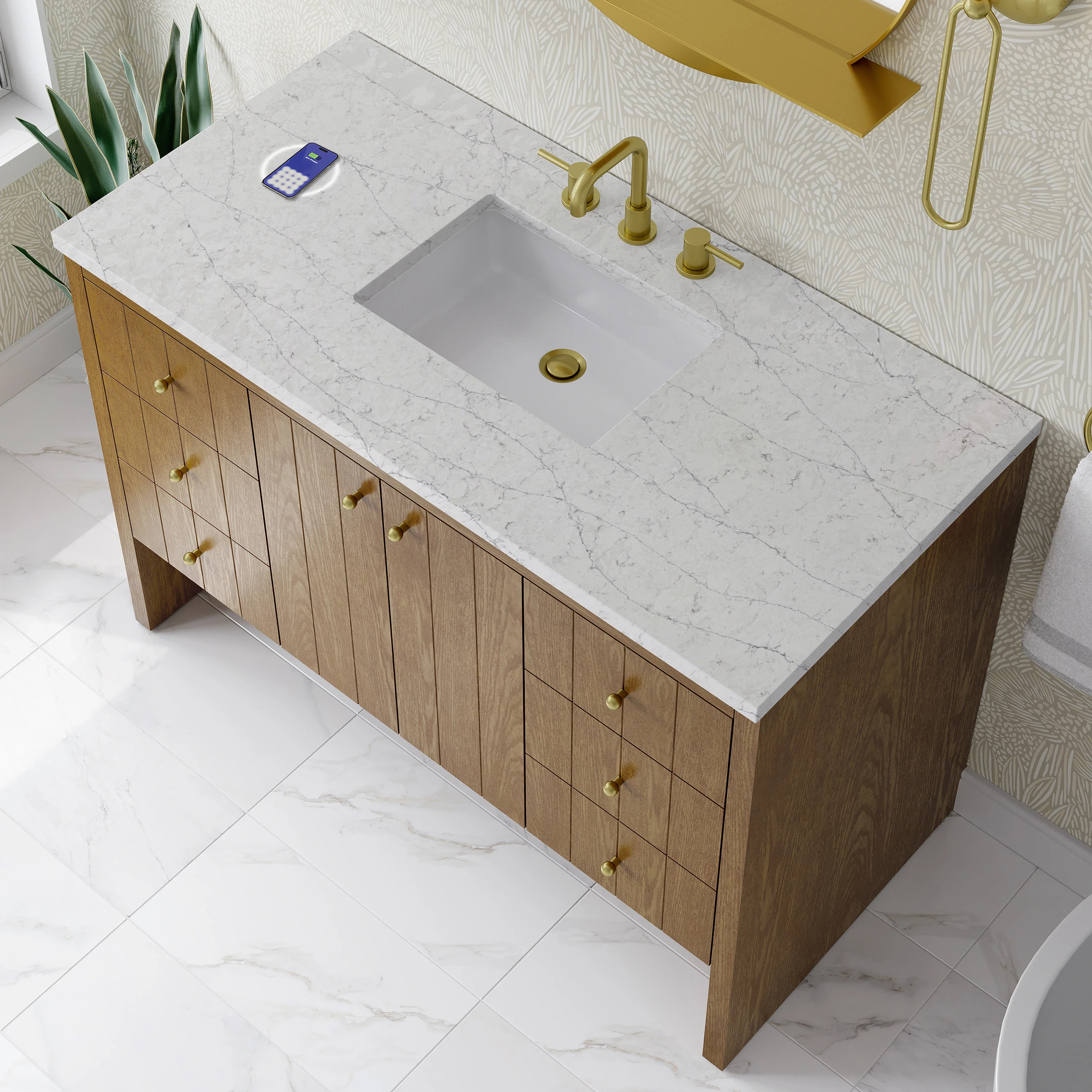 Hudson 48" Single Vanity, Honey Oak w/ 3 CM Eternal Jasmine Pearl Silestone Top w/FreePower Wireless Charger
