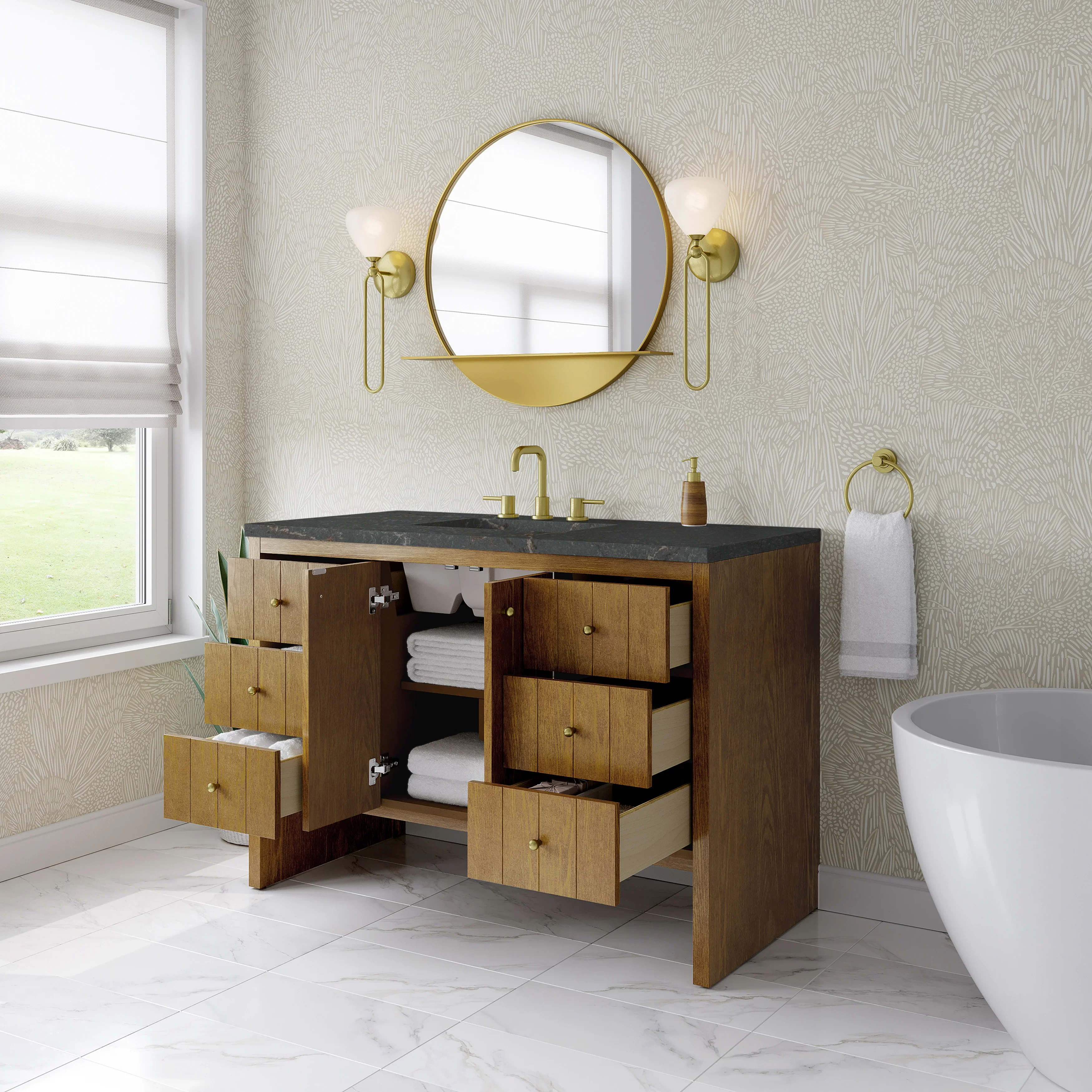 Hudson 48" Single Vanity, Honey Oak w/ 3 CM Parisien Bleu Silestone Top w/FreePower Wireless Charger
