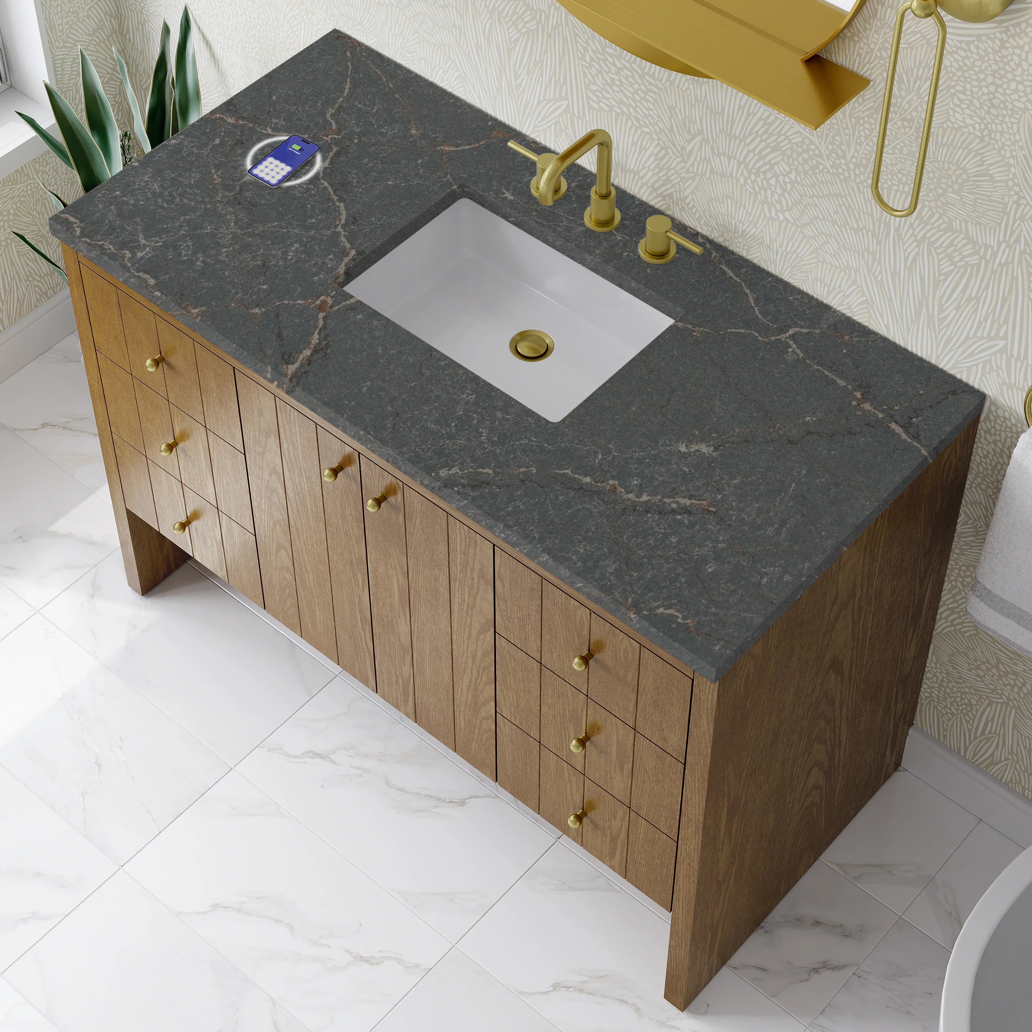 Hudson 48" Single Vanity, Honey Oak w/ 3 CM Parisien Bleu Silestone Top w/FreePower Wireless Charger