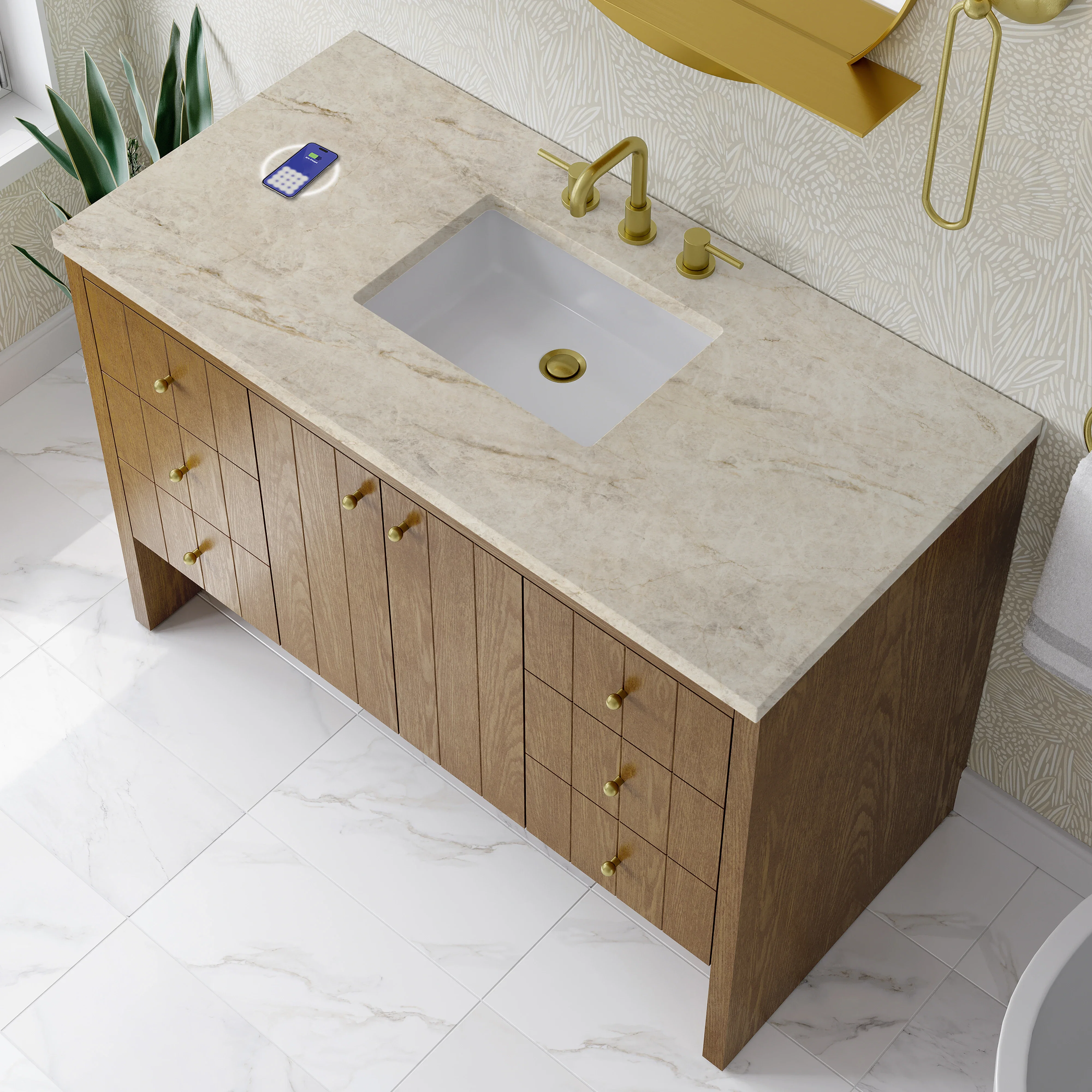 Hudson 48" Single Vanity, Honey Oak w/ 3 CM Tajnar Eclos Top w/FreePower Wireless Charger