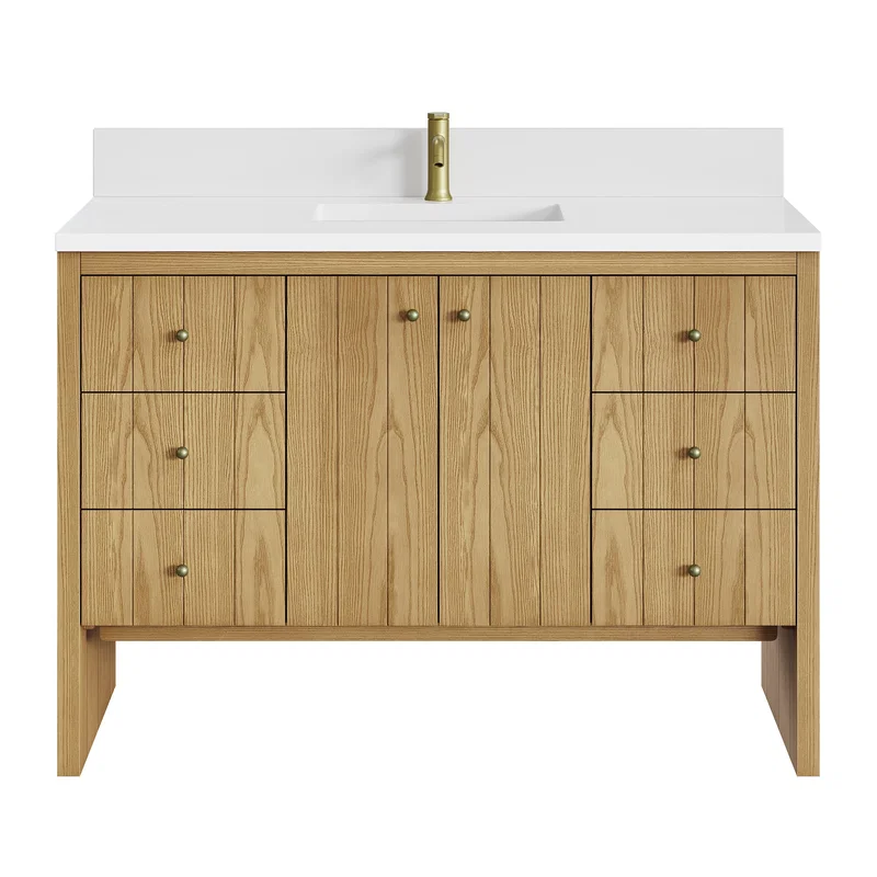 Hudson 48" Single Vanity, Light Natural Oak w/ Single Hole 3 CM White Zeus Top & Backsplash