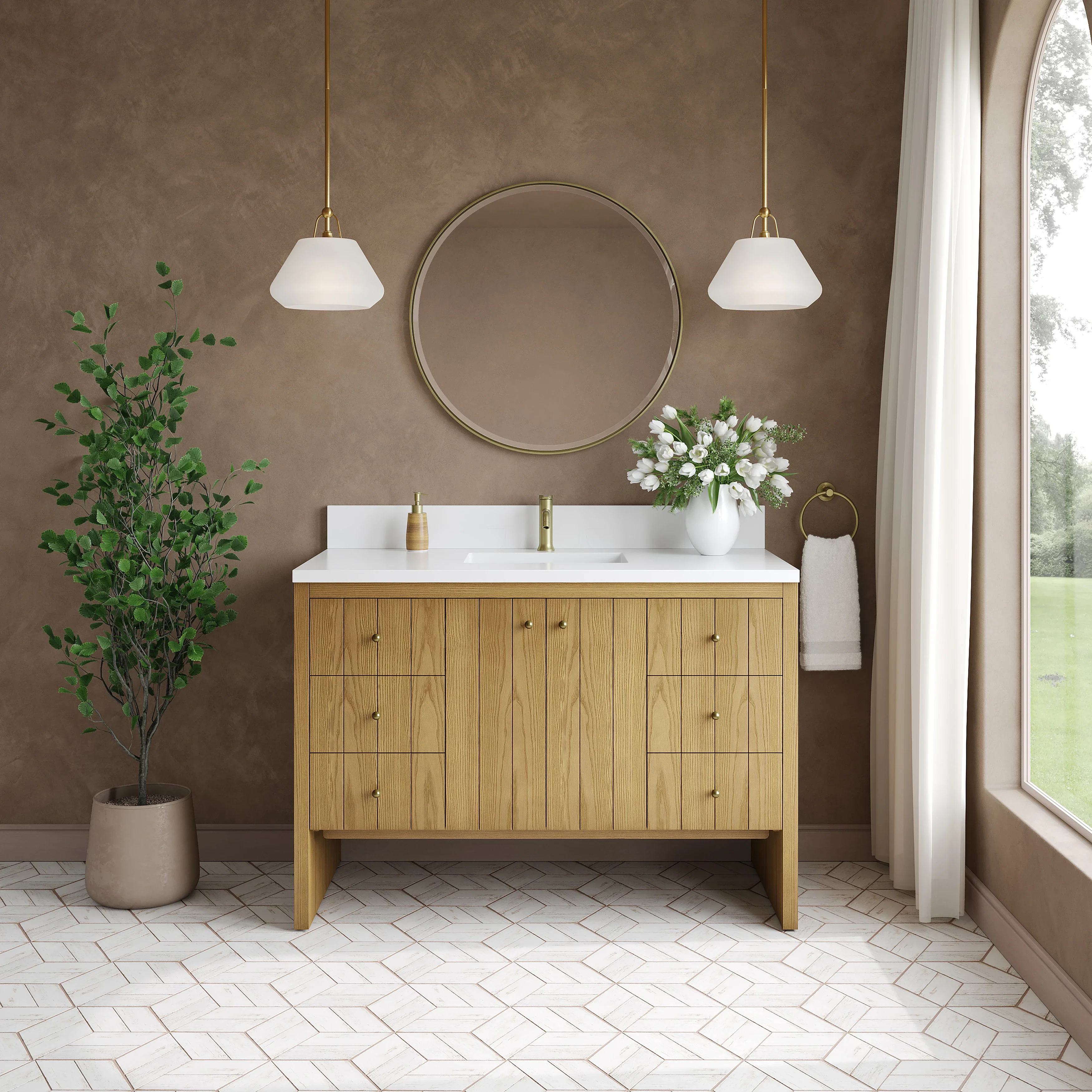 Hudson 48" Single Vanity, Light Natural Oak w/ Single Hole 3 CM White Zeus Top & Backsplash