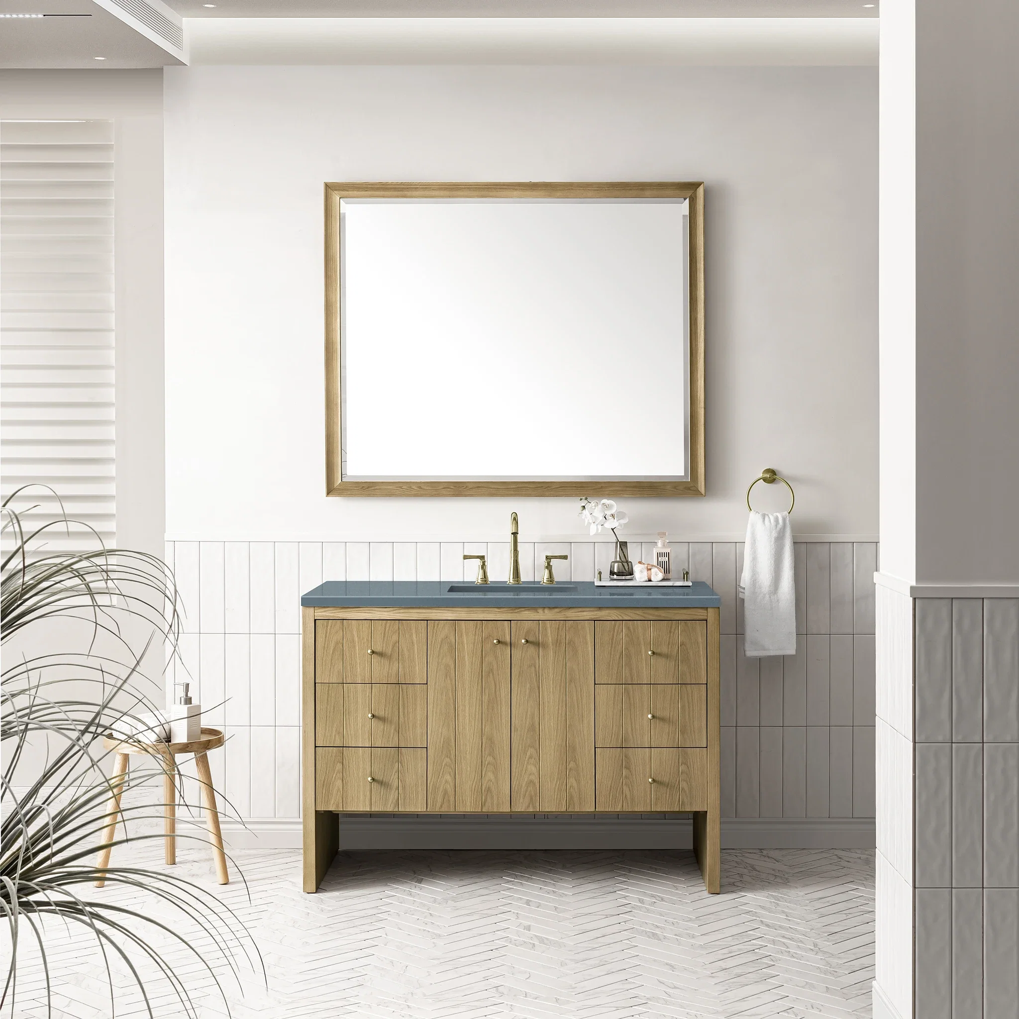 Hudson 48" Single Vanity, Light Natural Oak w/ 3 CM Cala Blue Top