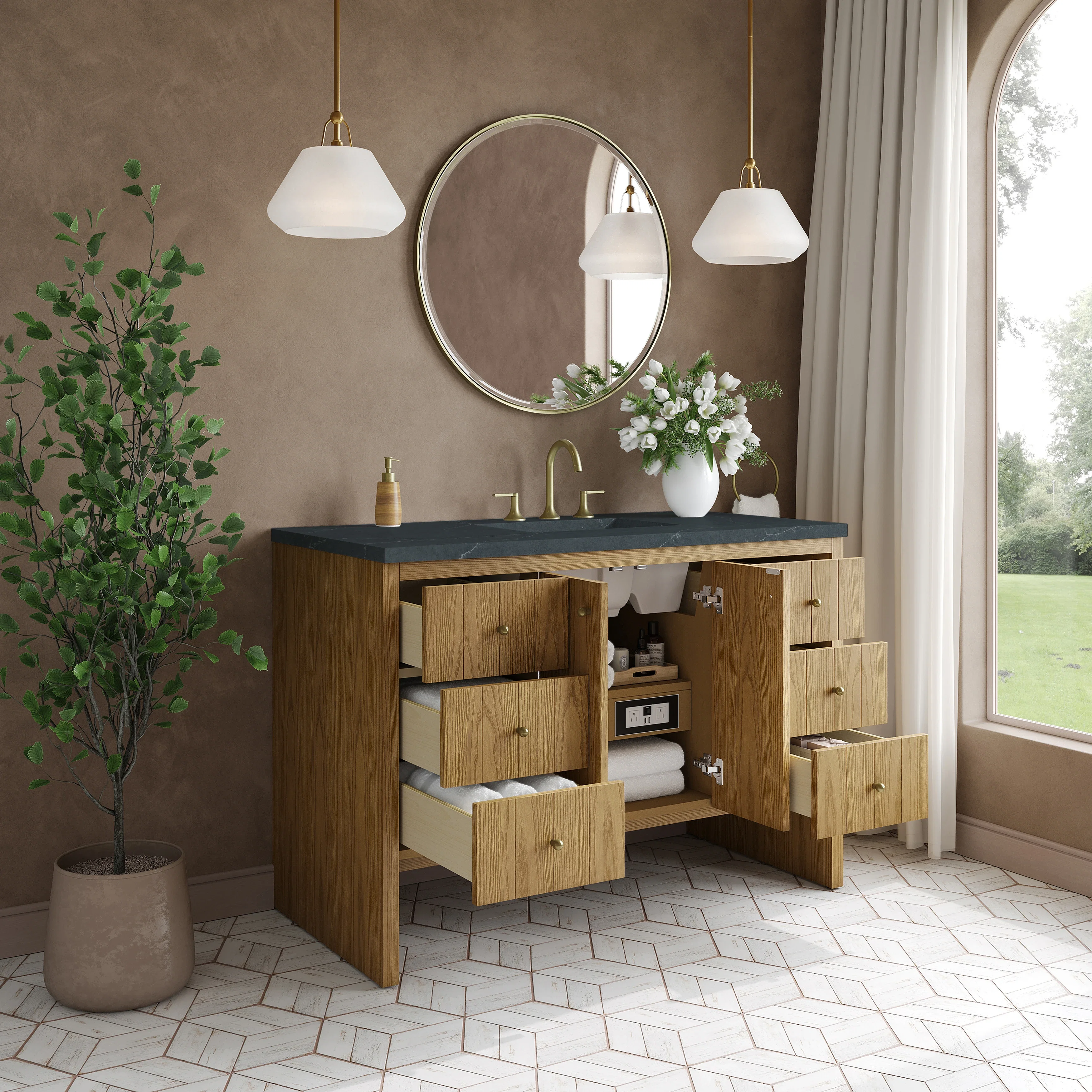 Hudson 48" Single Vanity, Light Natural Oak w/ 3 CM Charcoal Soapstone Top