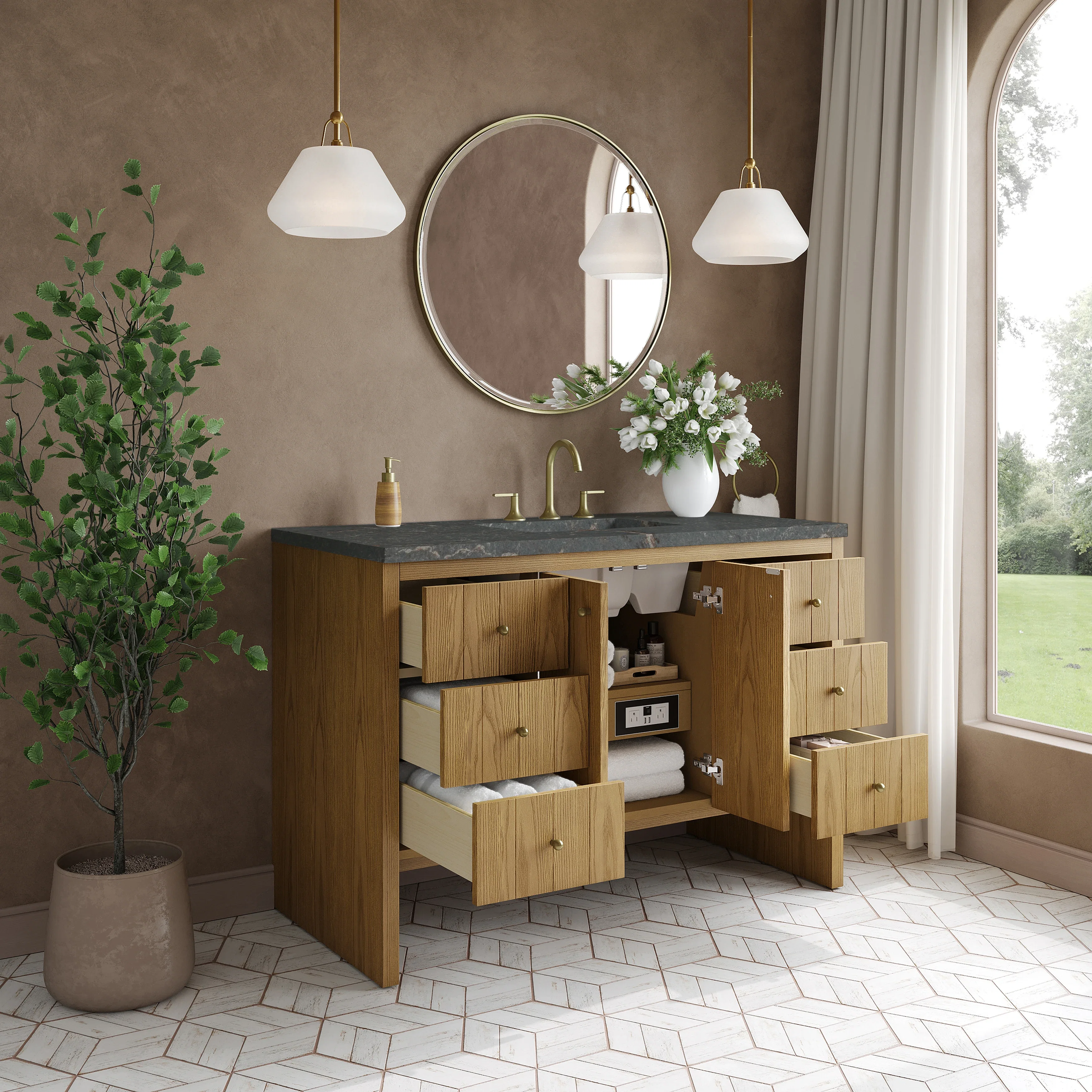 Hudson 48" Single Vanity, Light Natural Oak w/ 3 CM Parisien Bleu Top