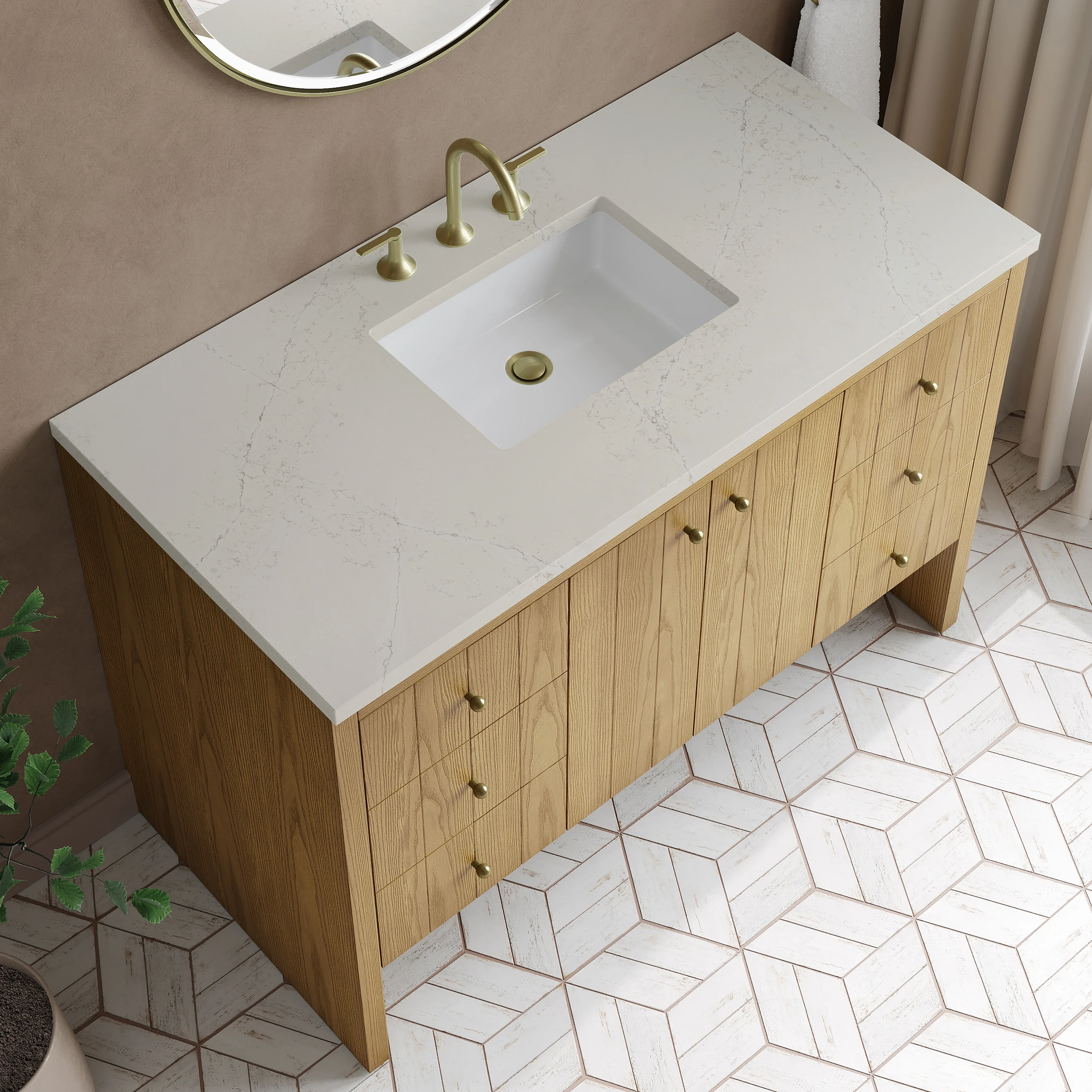 Hudson 48" Single Vanity, Light Natural Oak, w/ 3 CM Siberian Silestone Top
