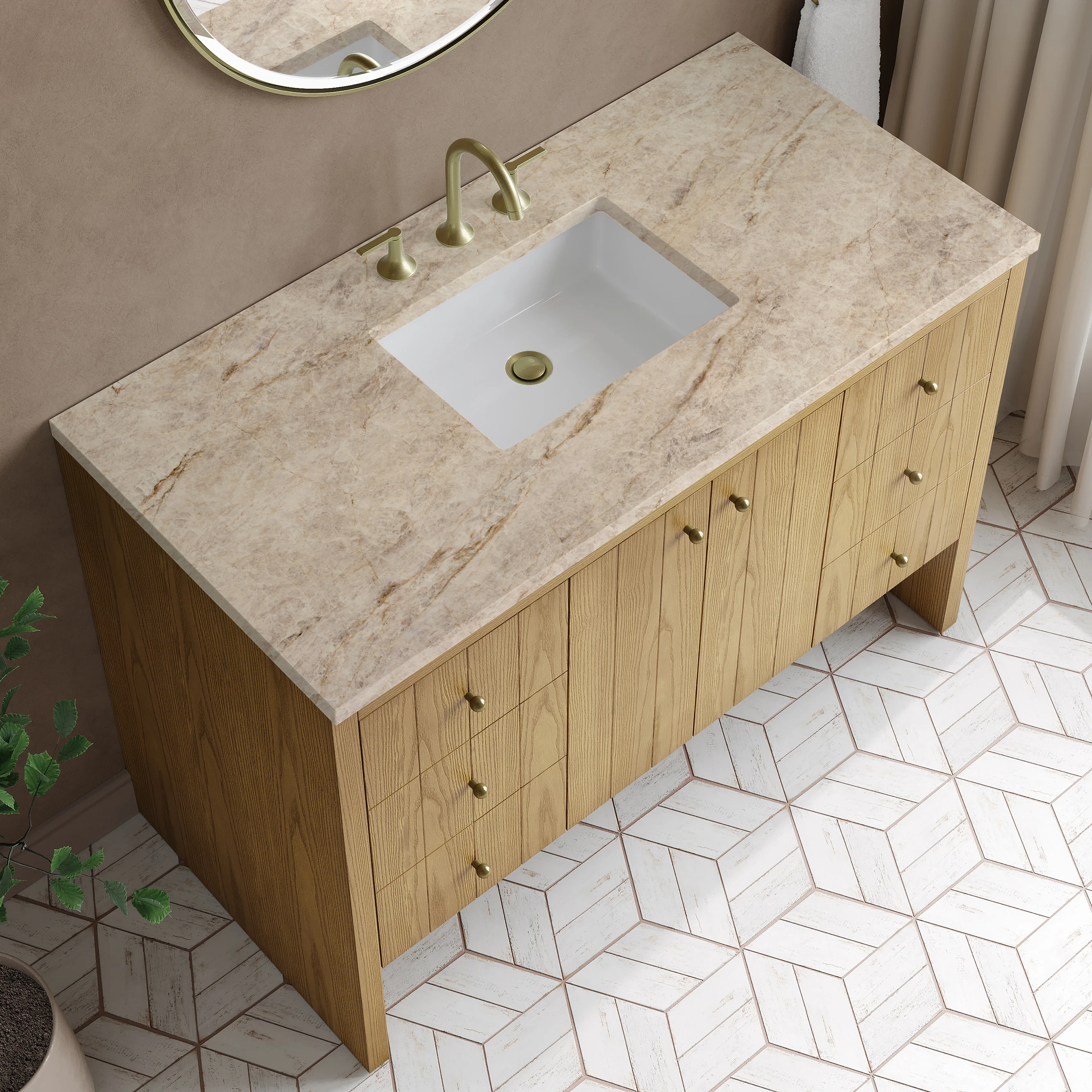 Hudson 48" Single Vanity, Light Natural Oak, w/ 3 CM Tajnar Eclos Top