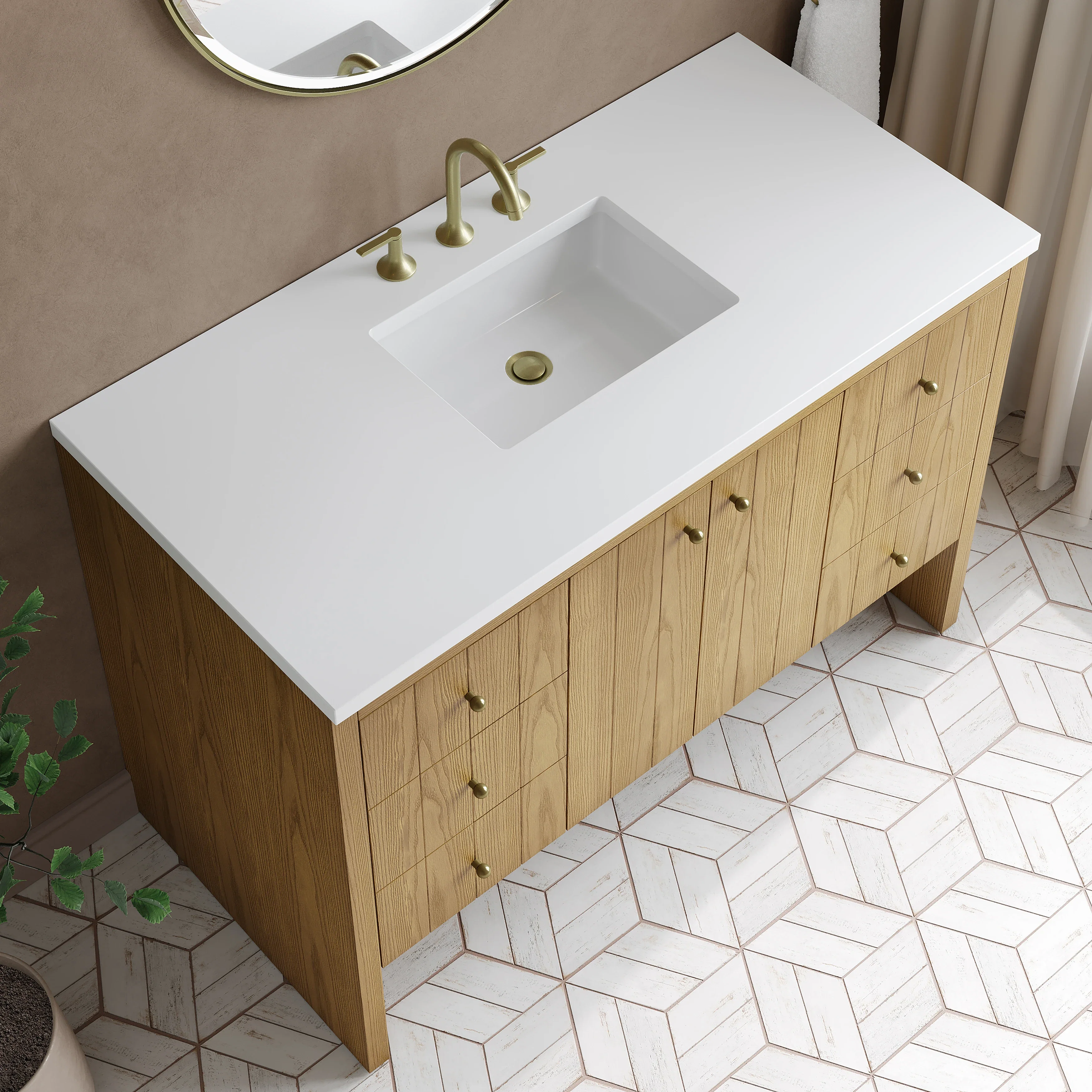 Hudson 48" Single Vanity, Light Natural Oak w/ 3 CM White Zeus Top