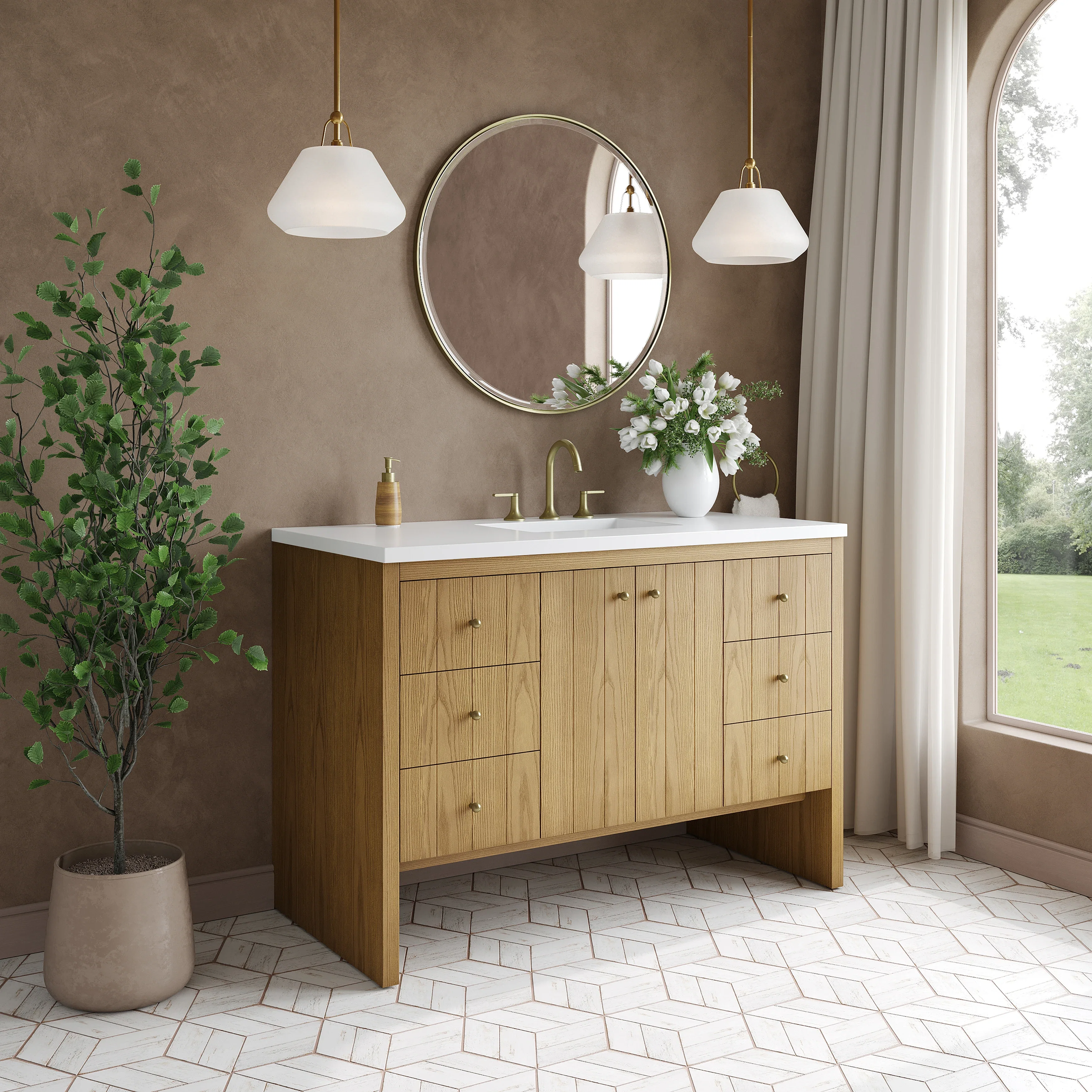 Hudson 48" Single Vanity, Light Natural Oak w/ 3 CM White Zeus Top