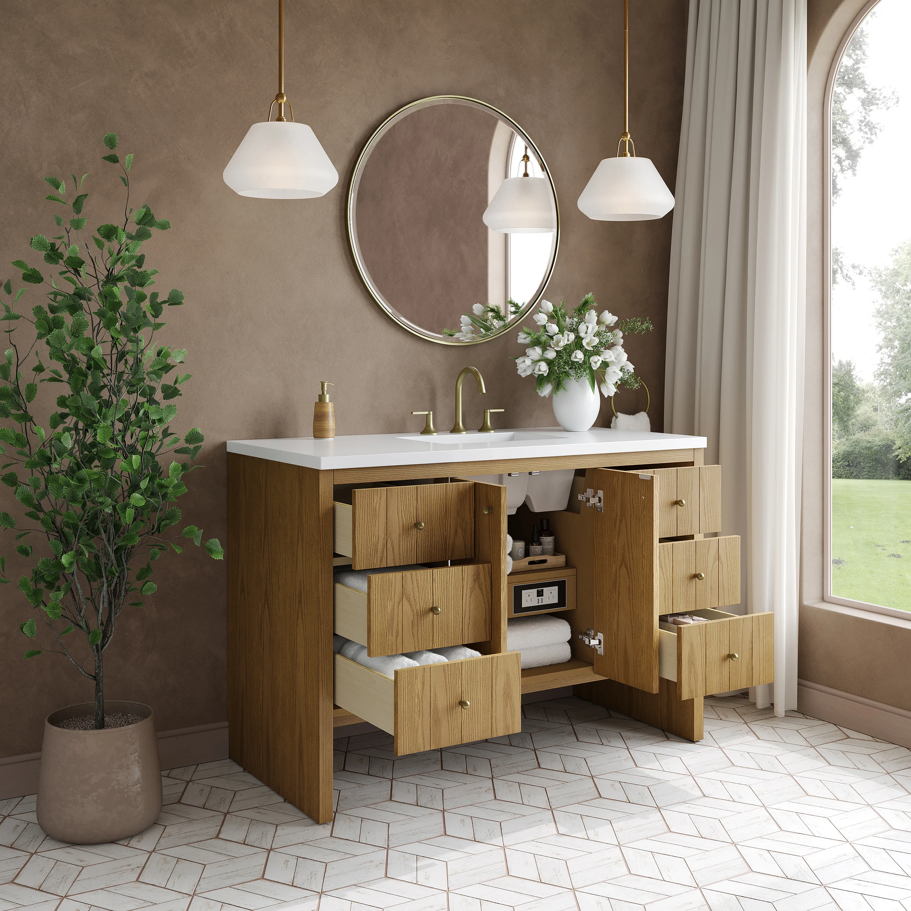 Hudson 48" Single Vanity, Light Natural Oak w/ 3 CM White Zeus Top