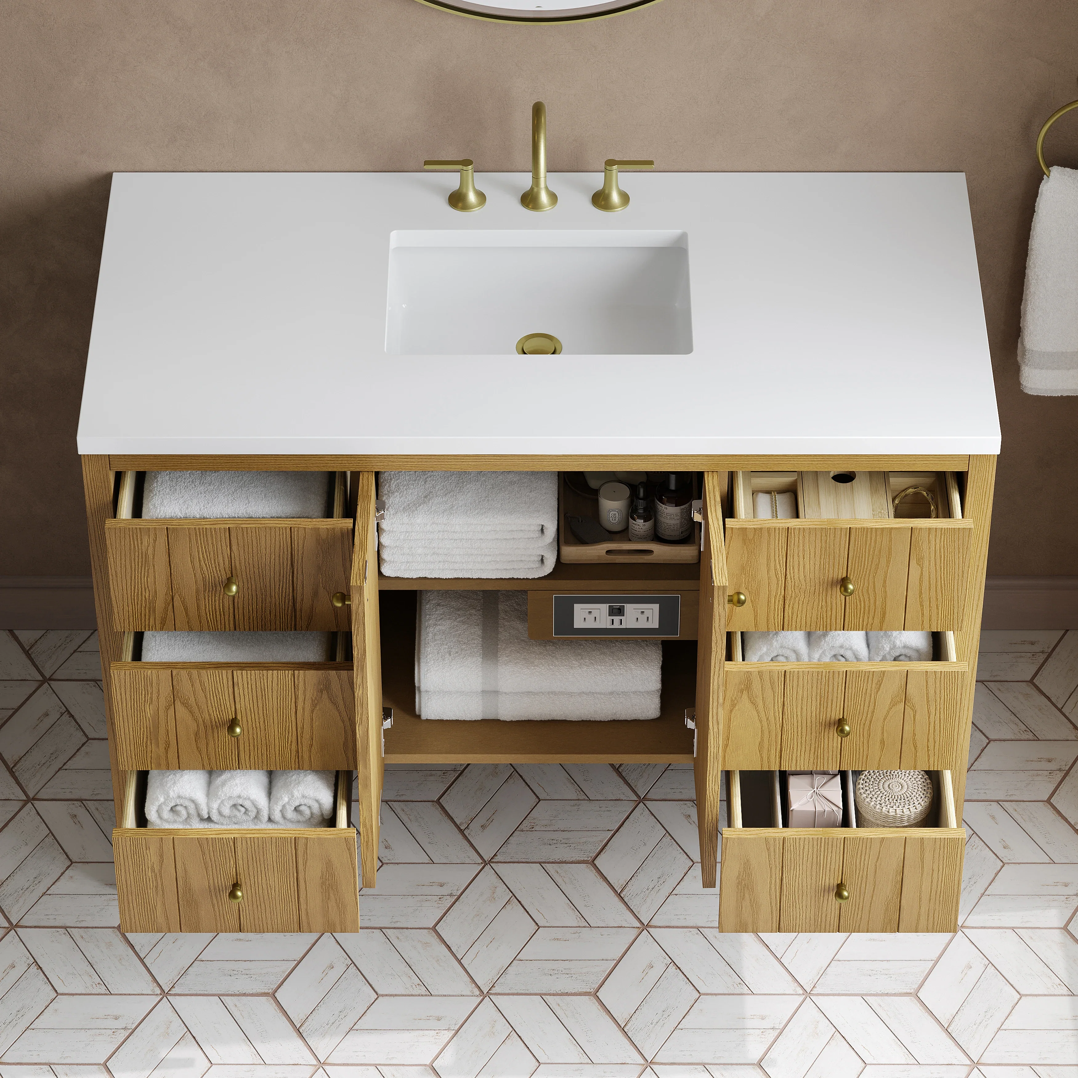 Hudson 48" Single Vanity, Light Natural Oak w/ 3 CM White Zeus Top