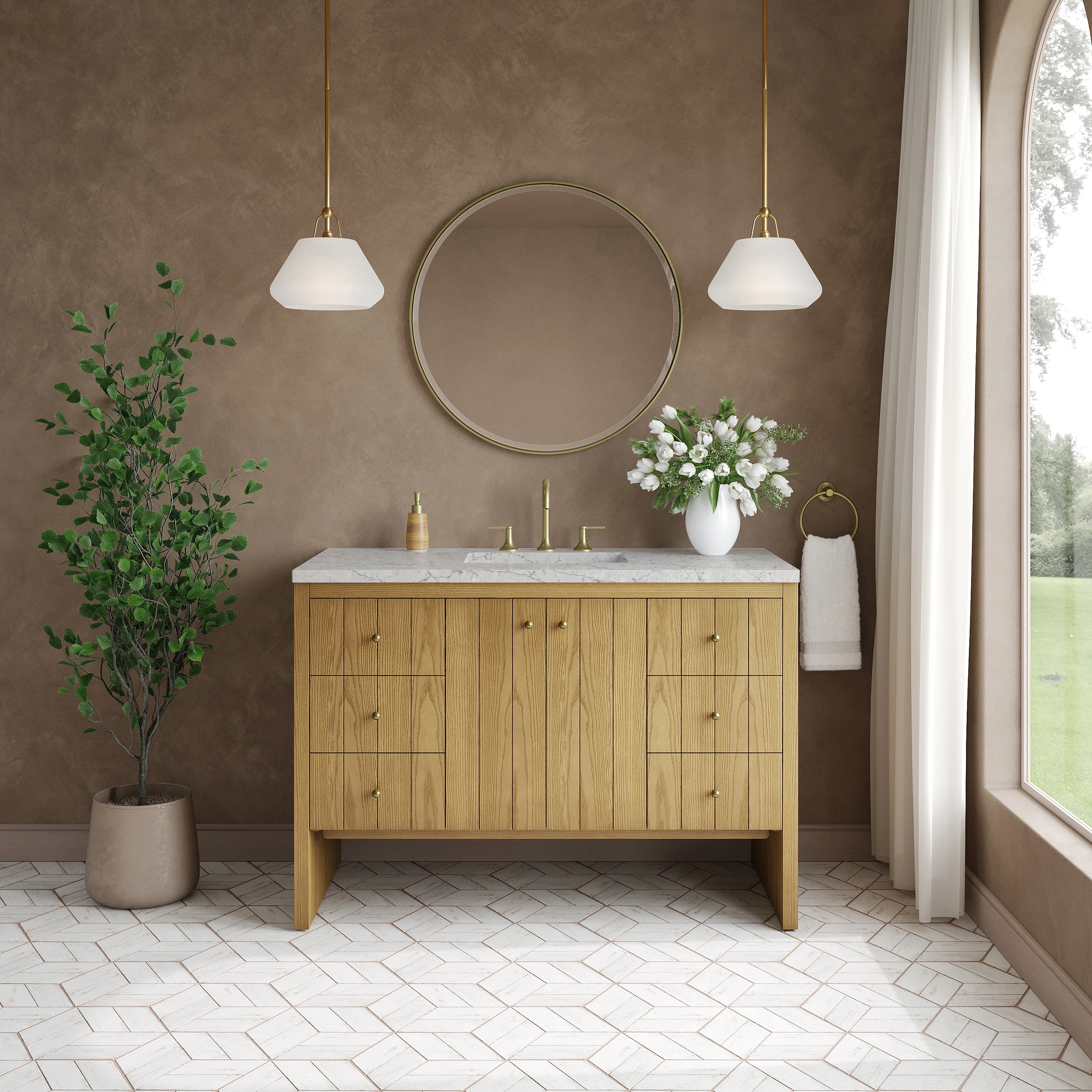 Hudson 48" Single Vanity, Light Natural Oak w/ 3 CM Eternal Jasmine Pearl Top w/ FreePower Wireless Charger